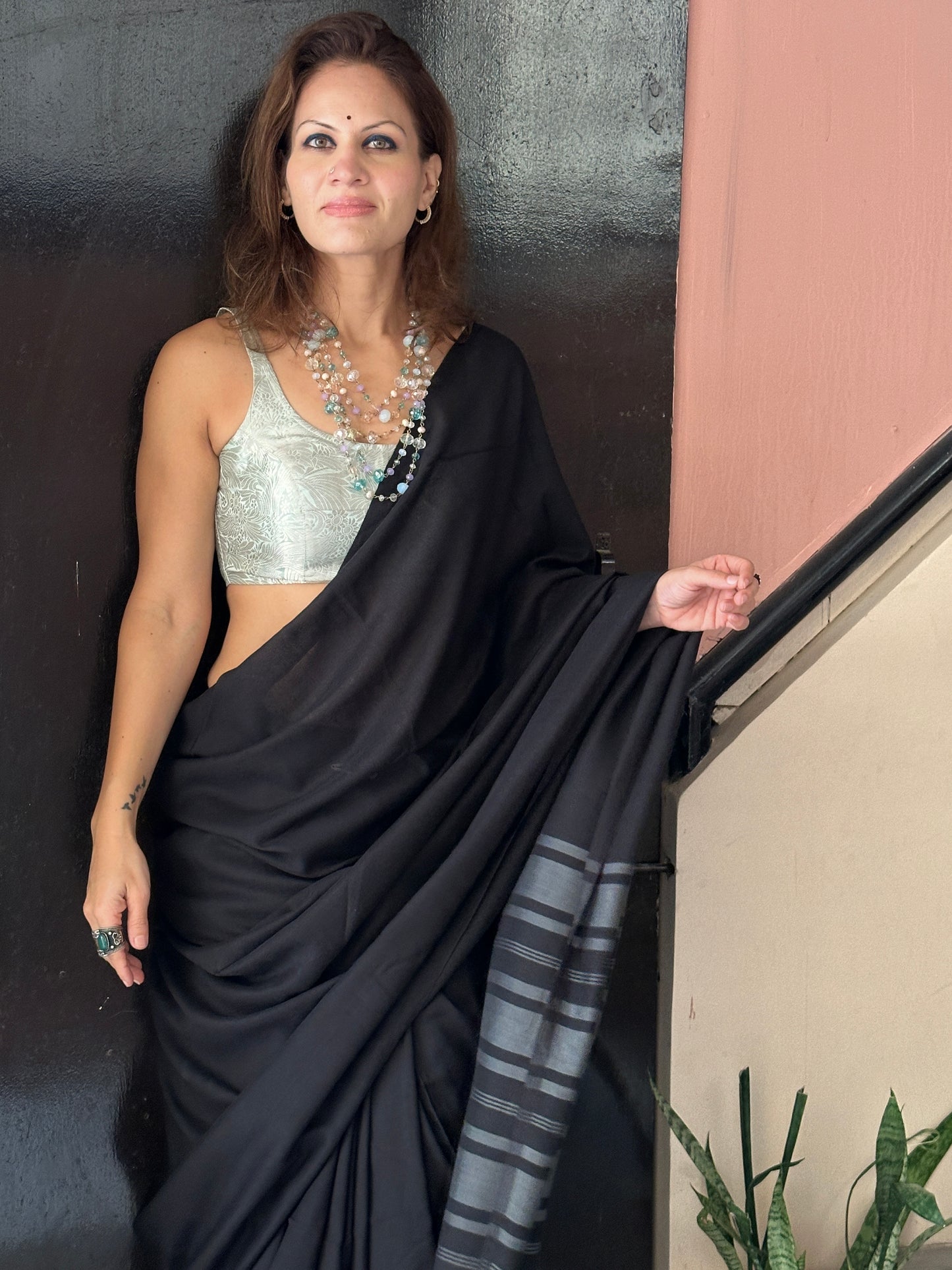 Black Cotton and Wool Blend Saree