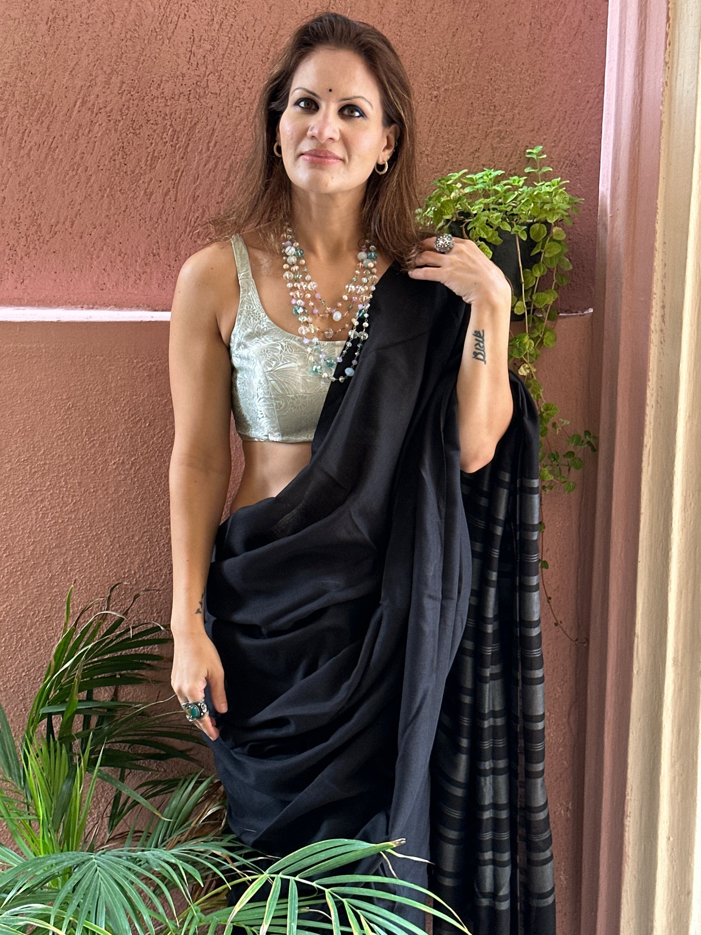 Black Cotton and Wool Blend Saree