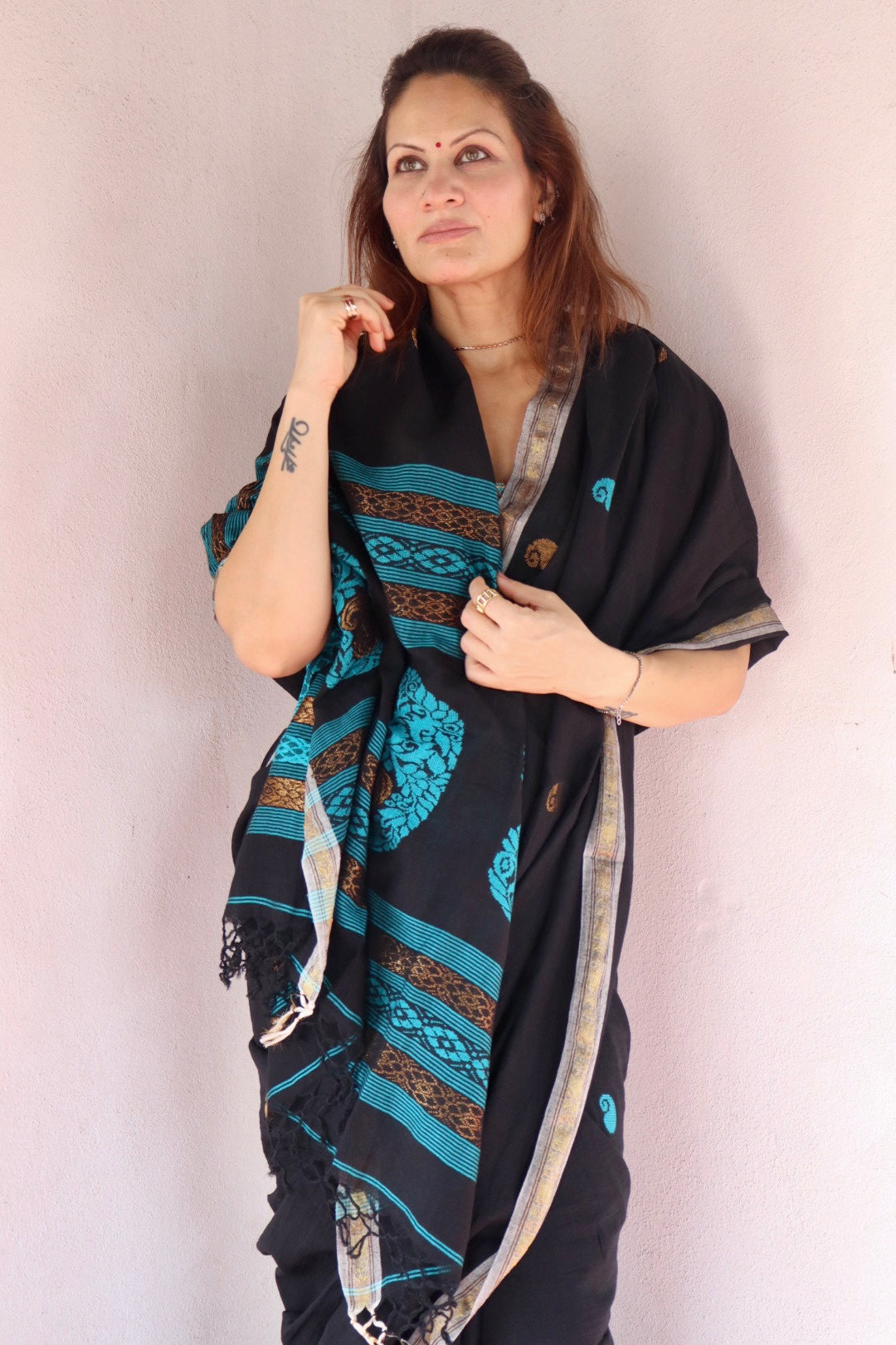 Black Handloom Cotton Jamdani Saree with Intricate Work on Body and Ambi Pallu