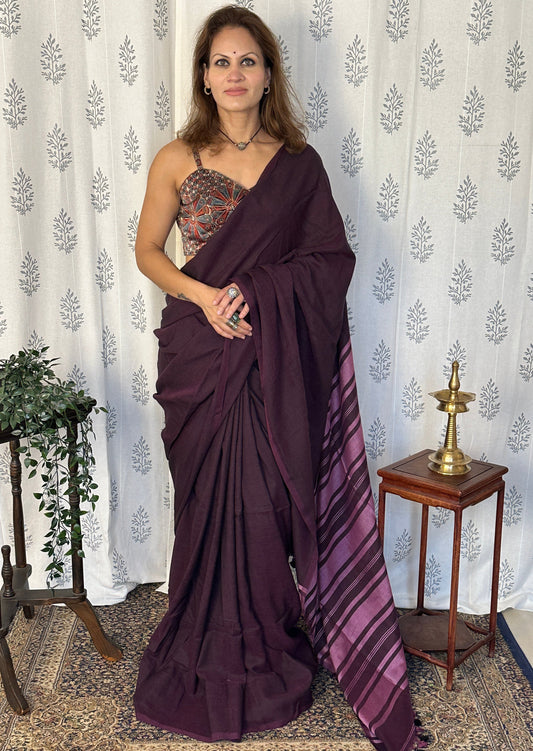 Purple Cotton and Wool Blend Sari