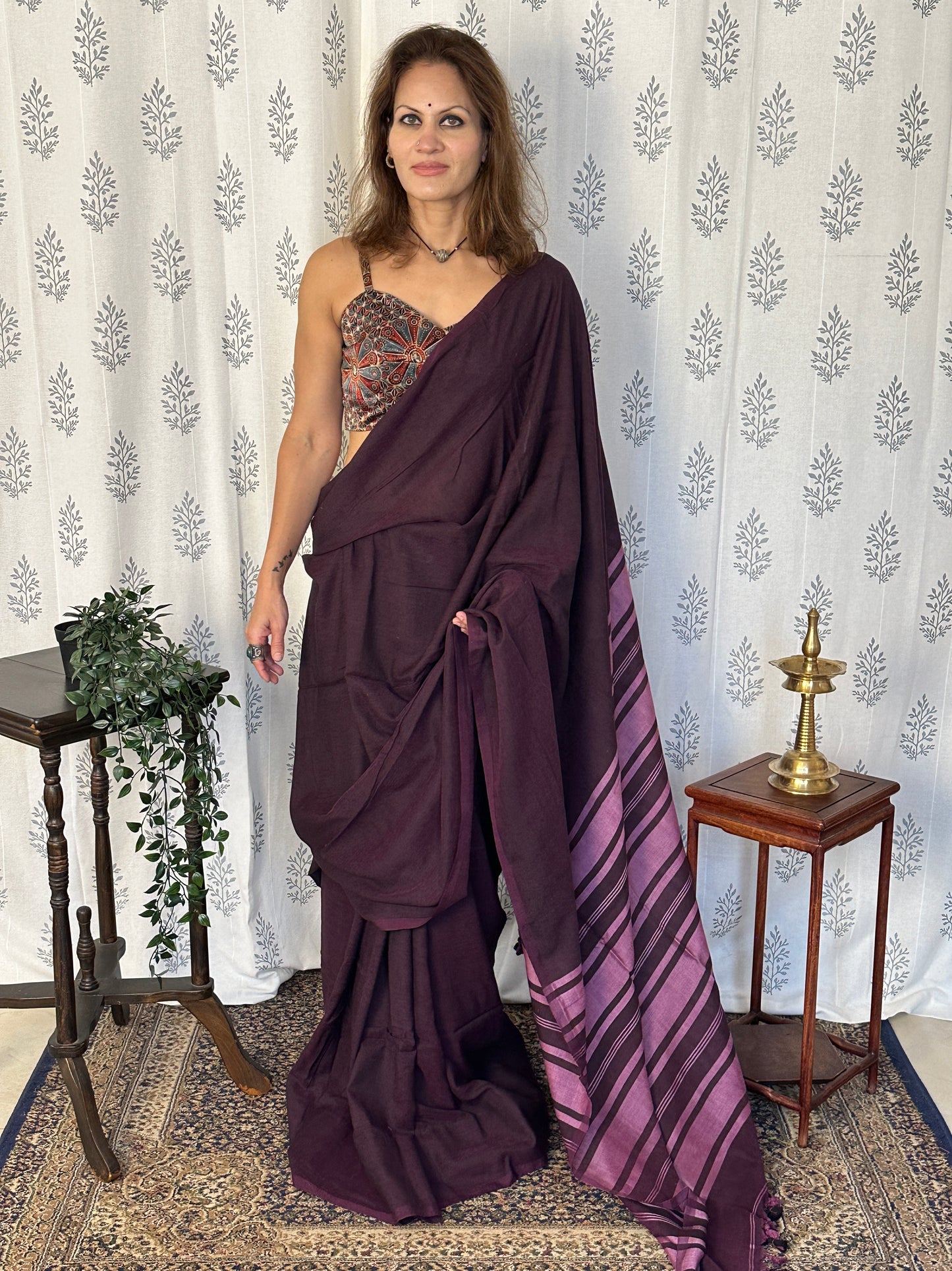 Purple Cotton and Wool Blend Sari