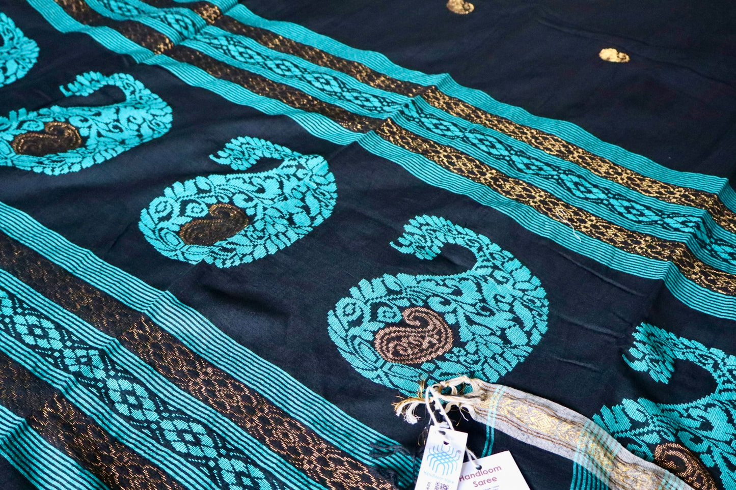 Black Handloom Cotton Jamdani Saree with Intricate Work on Body and Ambi Pallu