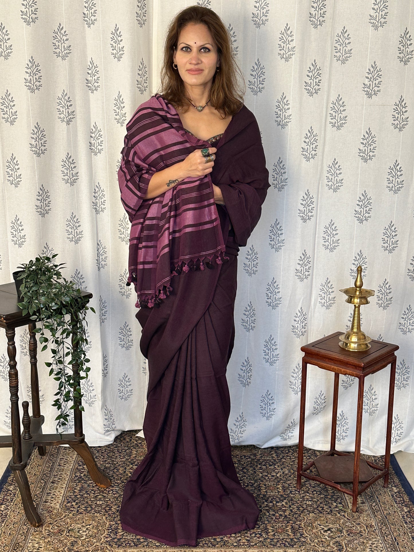 Purple Cotton and Wool Blend Sari