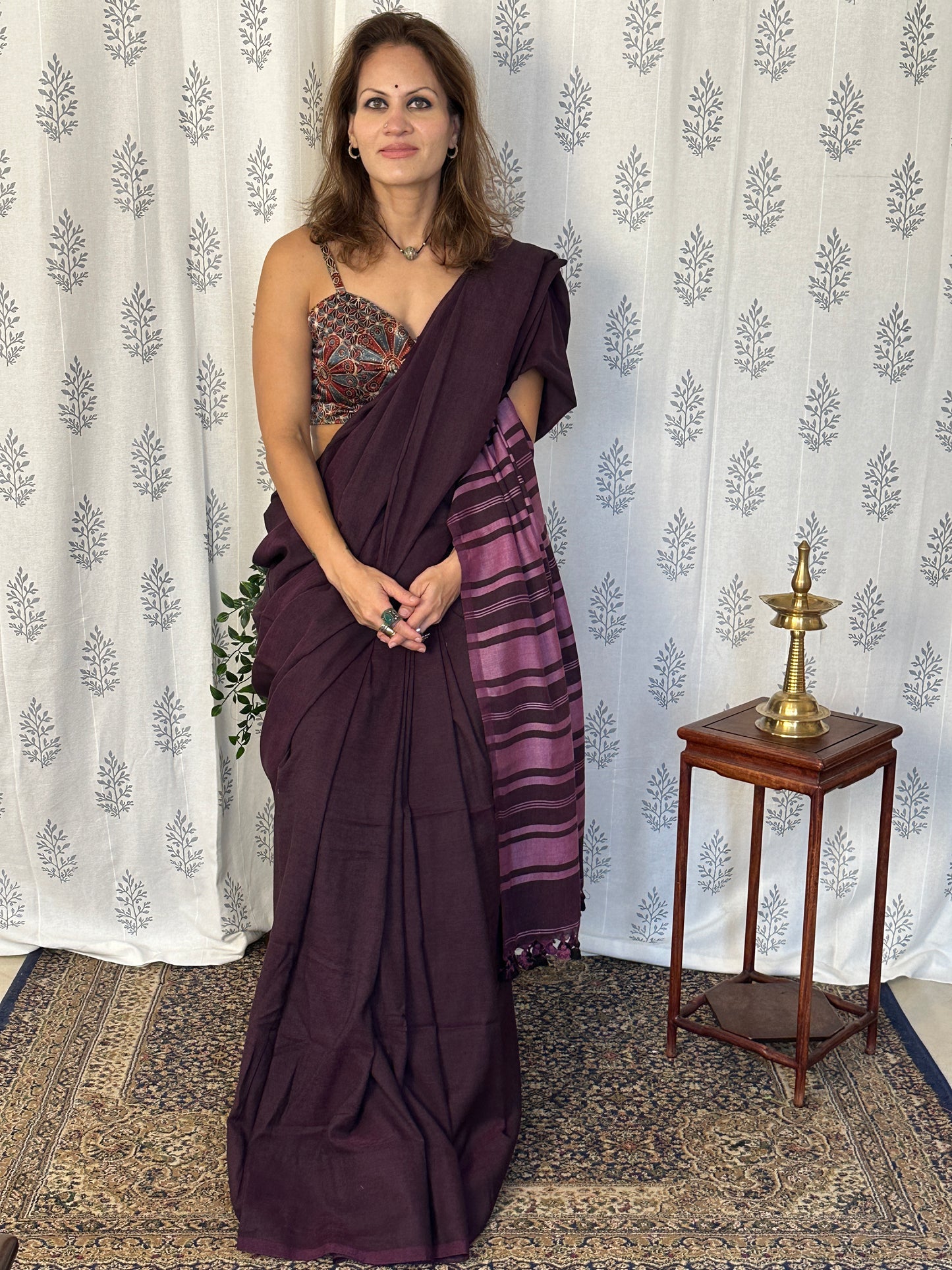 Purple Cotton and Wool Blend Sari