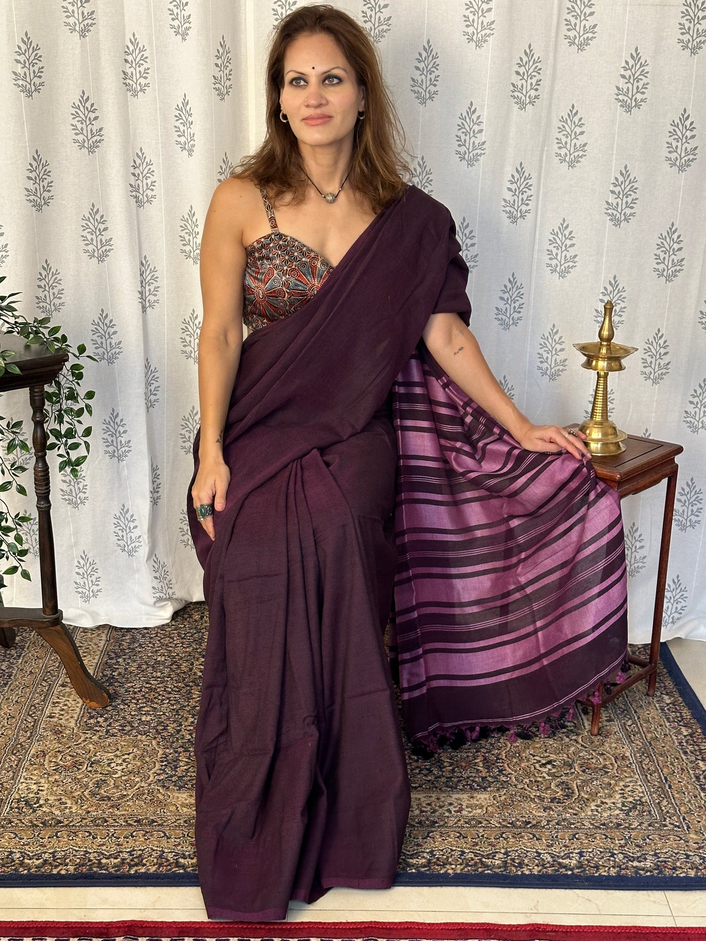 Purple Cotton and Wool Blend Sari