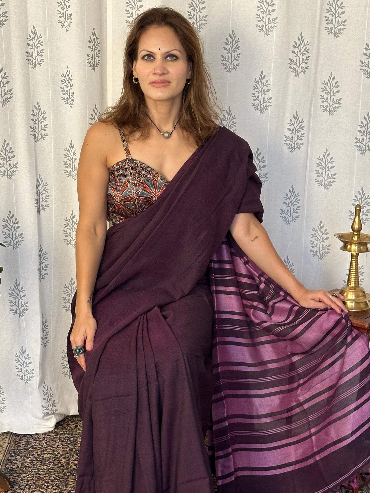 Purple Cotton and Wool Blend Sari