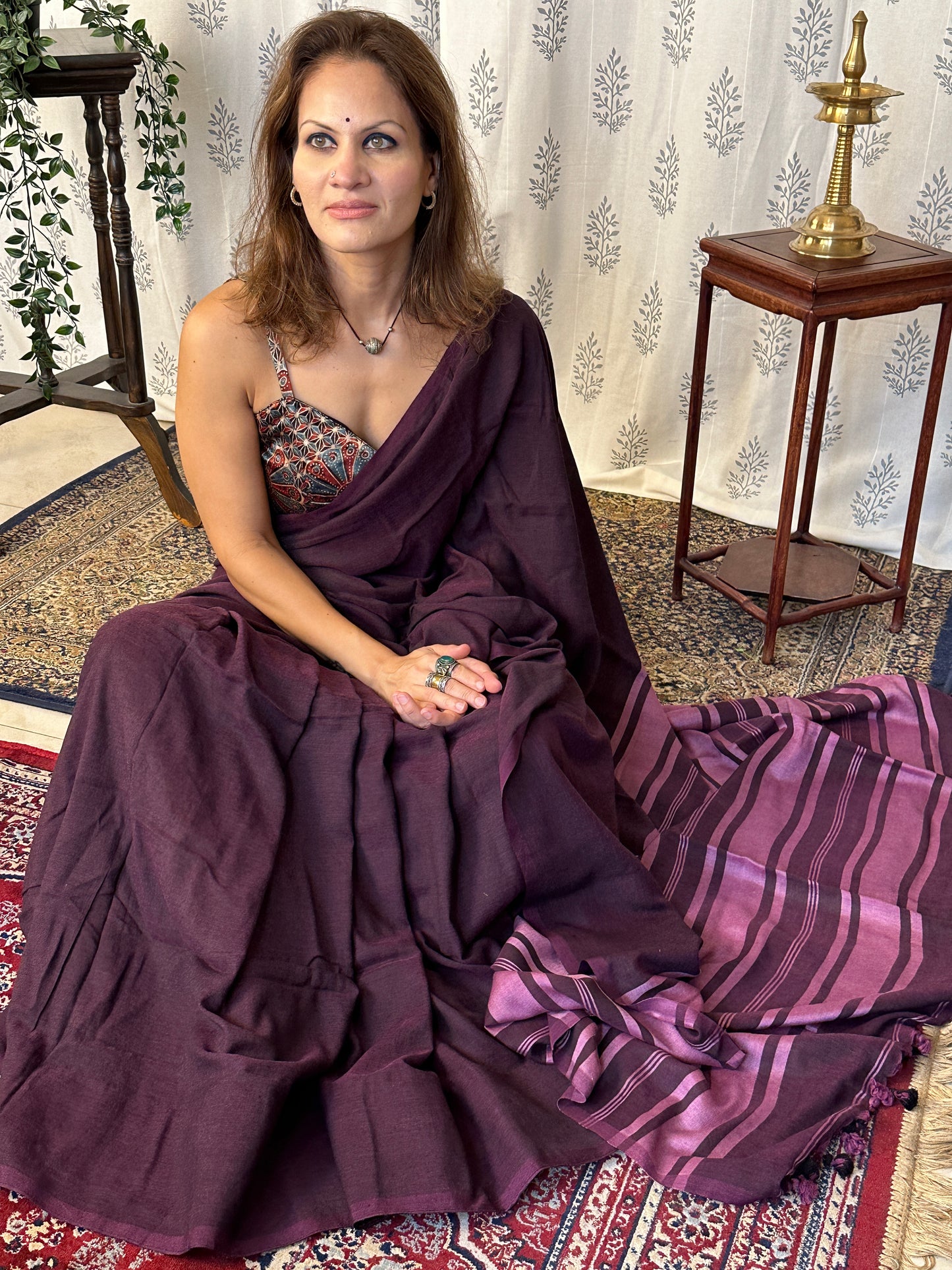 Purple Cotton and Wool Blend Sari