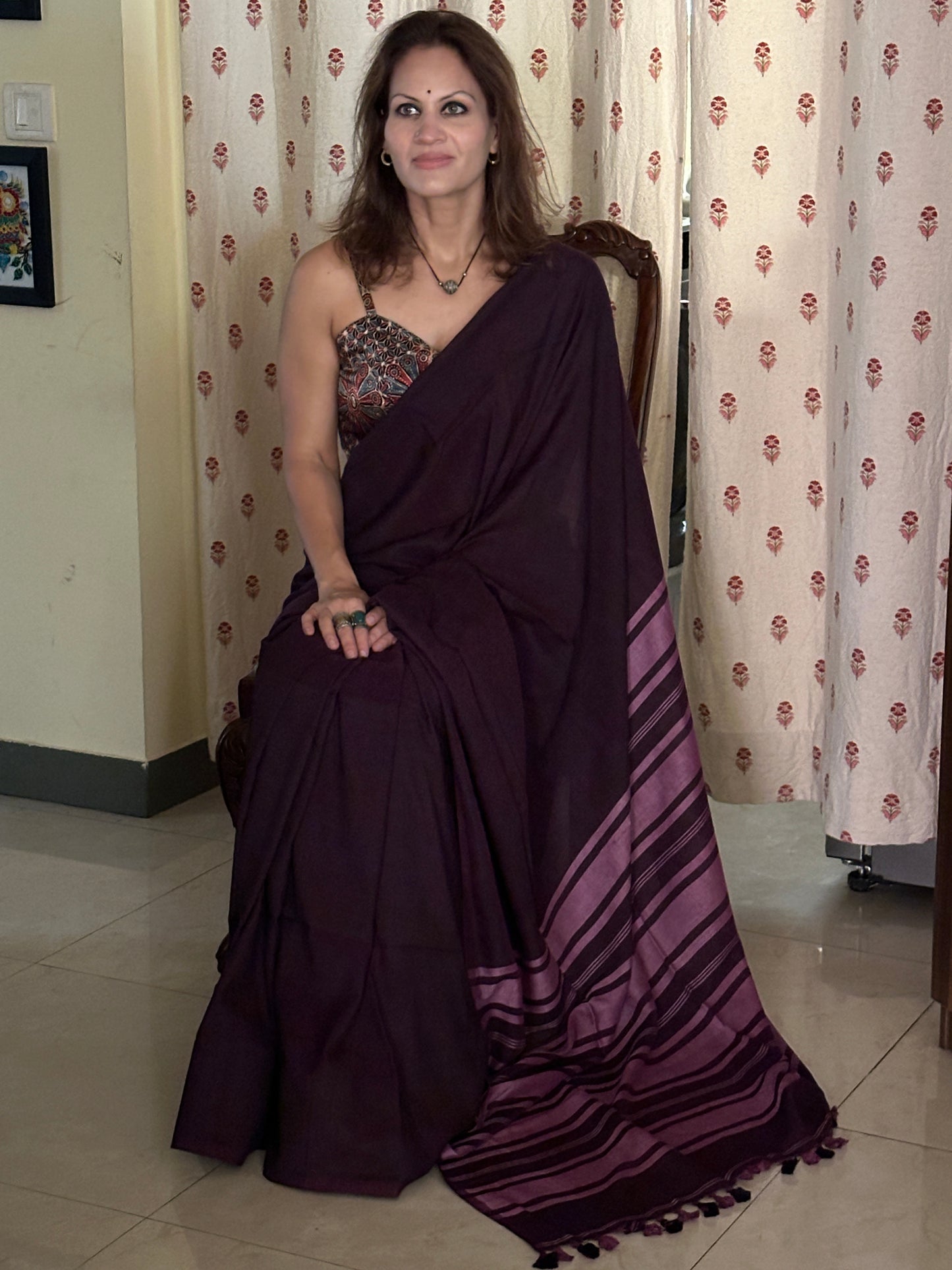 Purple Cotton and Wool Blend Sari