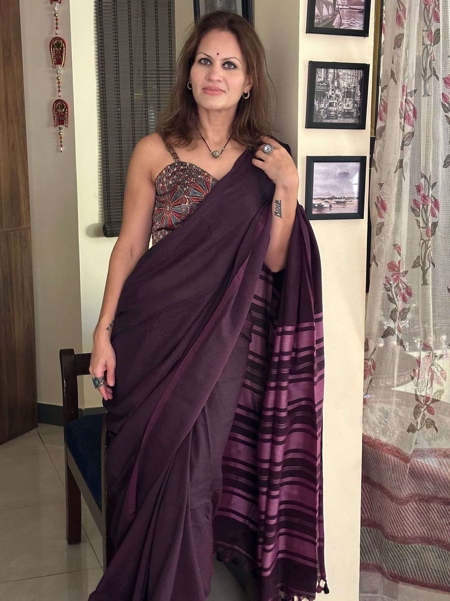 Purple Cotton and Wool Blend Sari