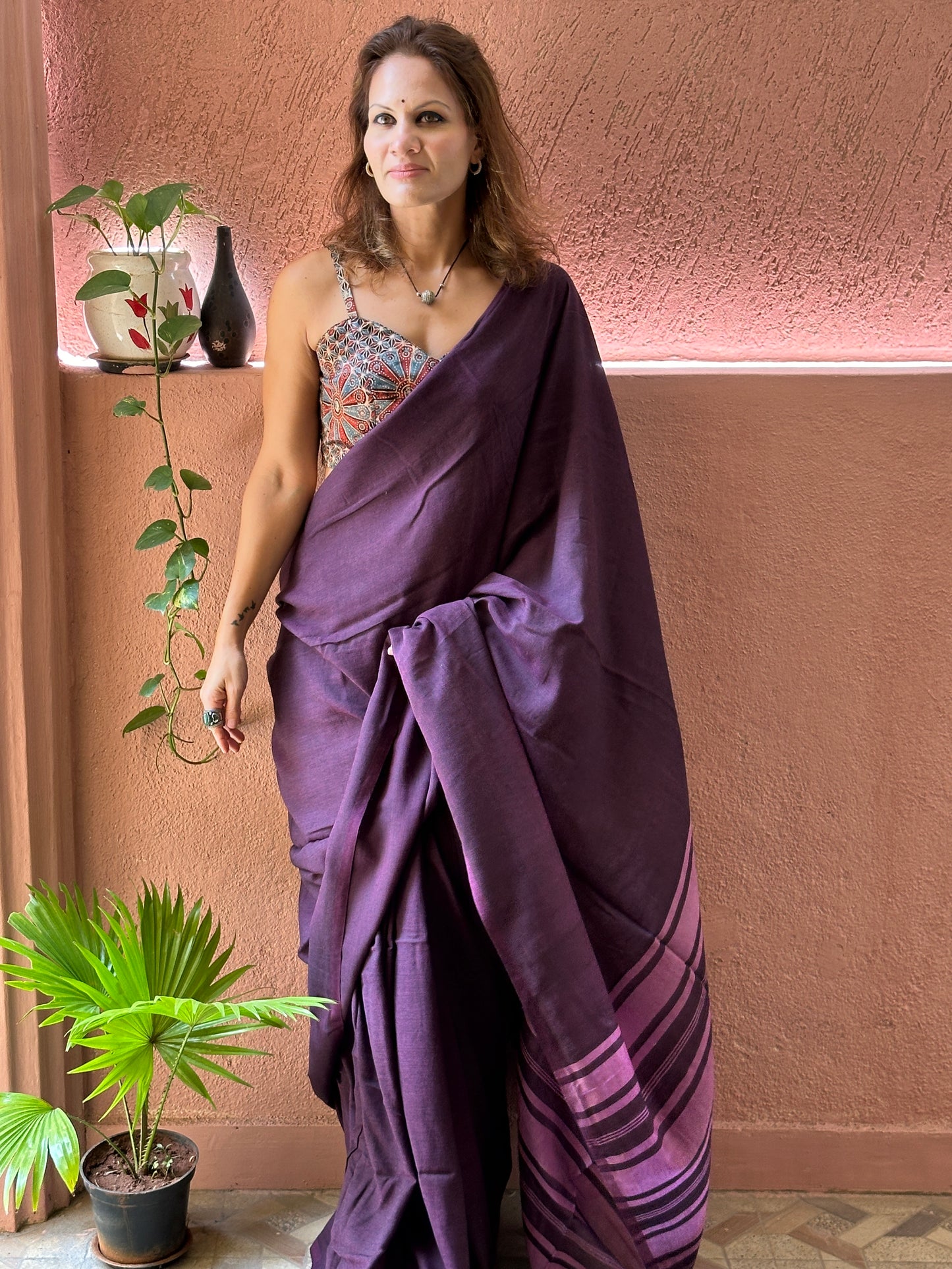 Purple Cotton and Wool Blend Sari