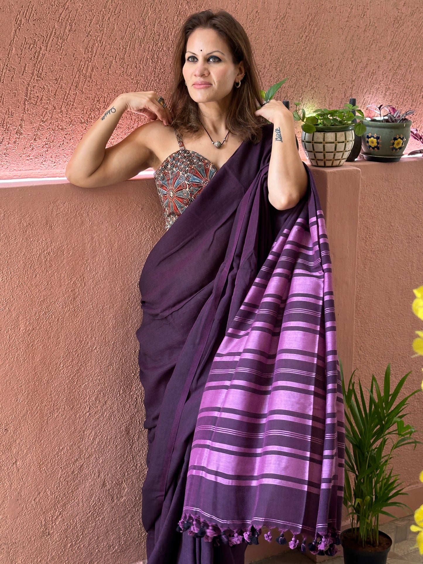 Purple Cotton and Wool Blend Sari