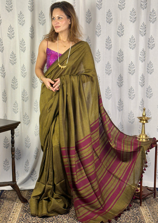 Mehendi Green Cotton and Wool Blend Sari