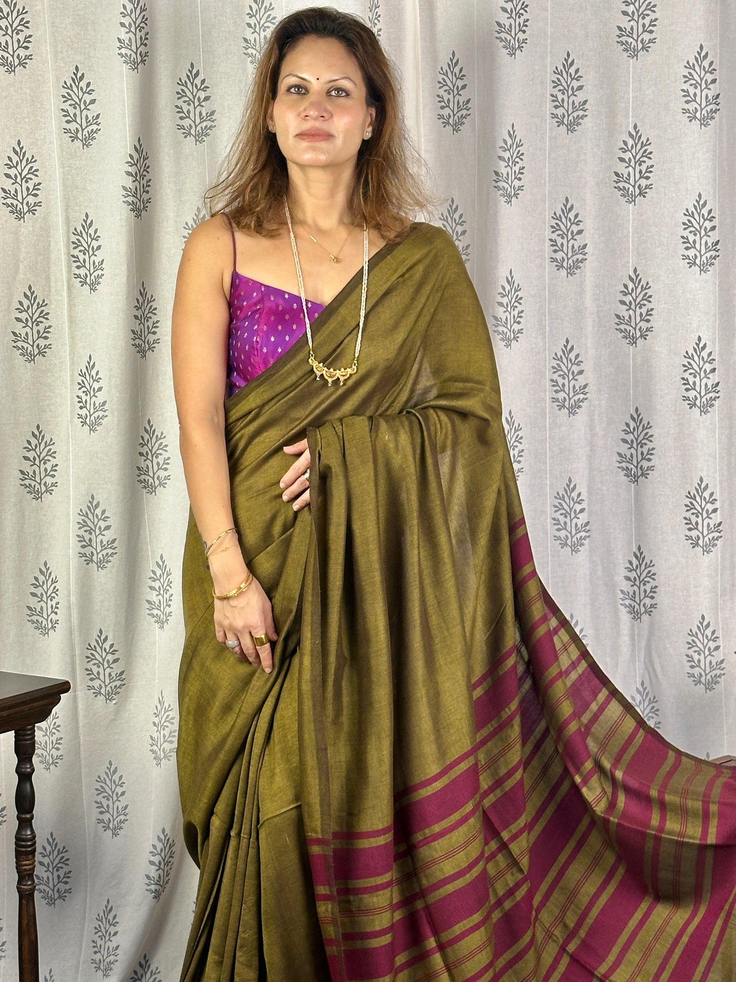 Mehendi Green Cotton and Wool Blend Sari