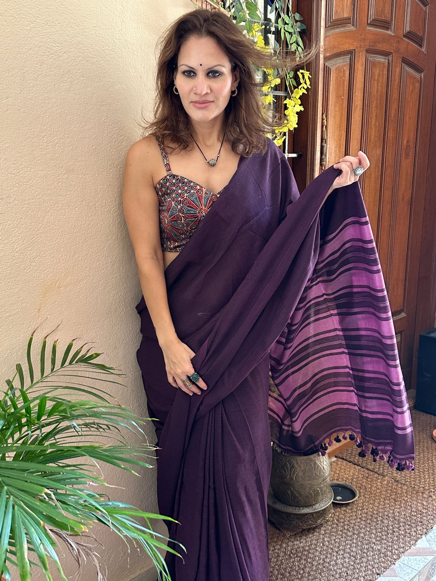 Purple Cotton and Wool Blend Sari