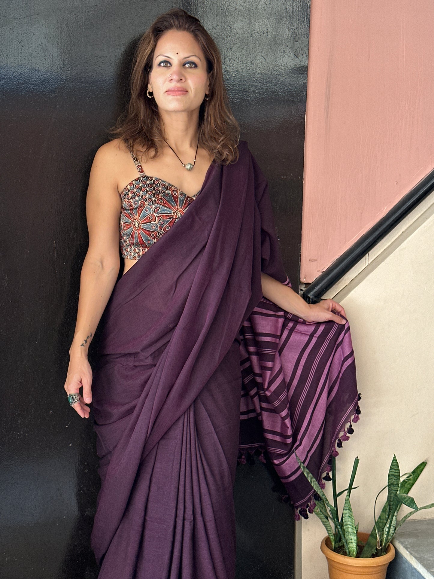 Purple Cotton and Wool Blend Sari