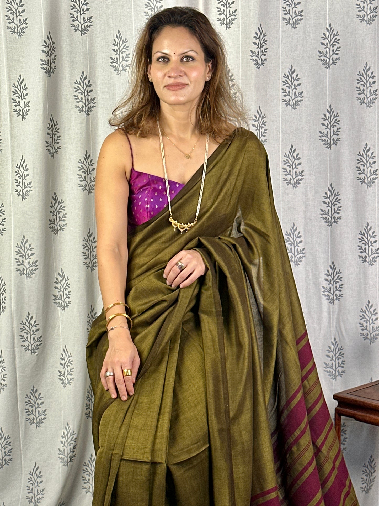 Mehendi Green Cotton and Wool Blend Sari