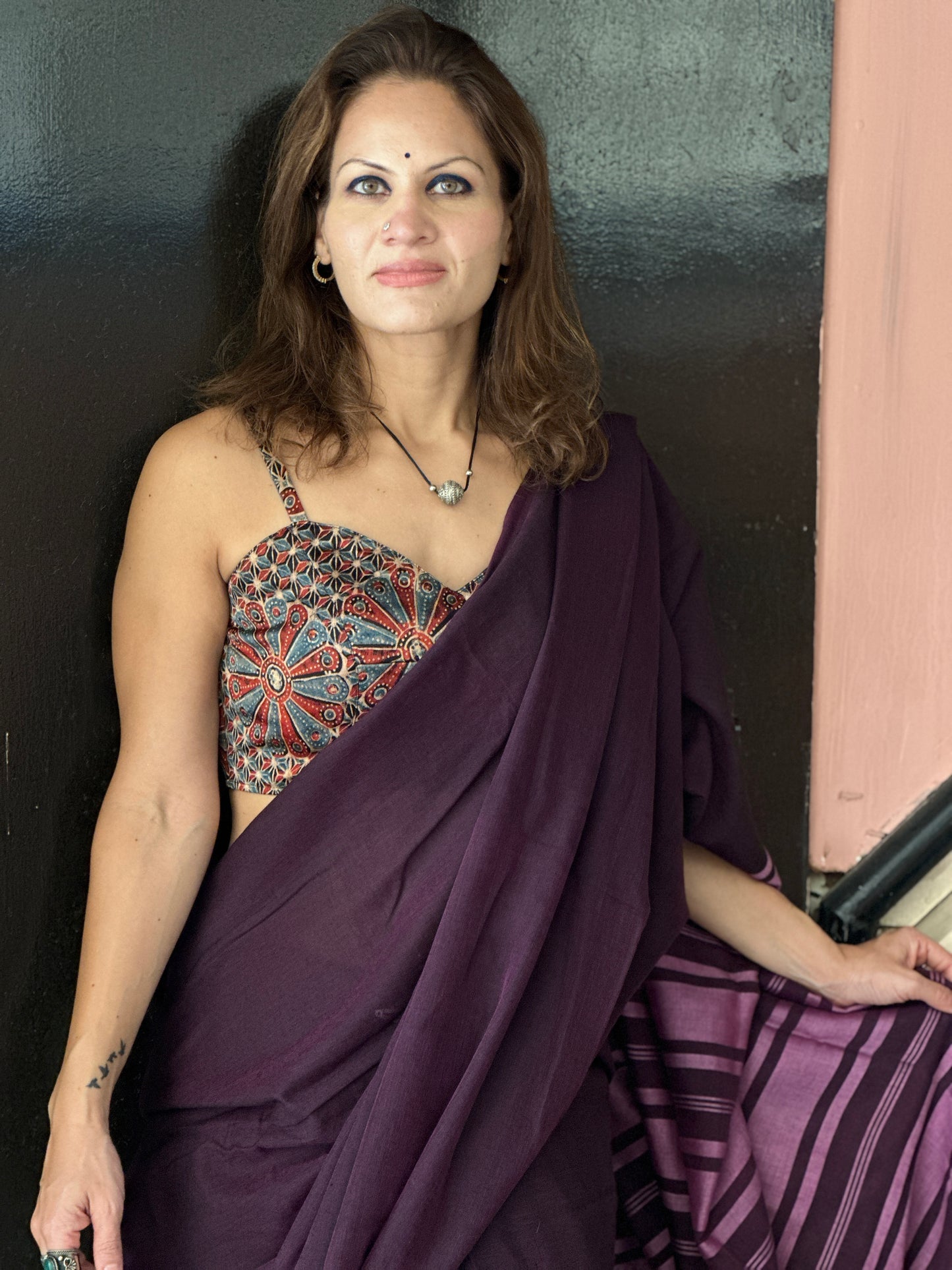 Purple Cotton and Wool Blend Sari