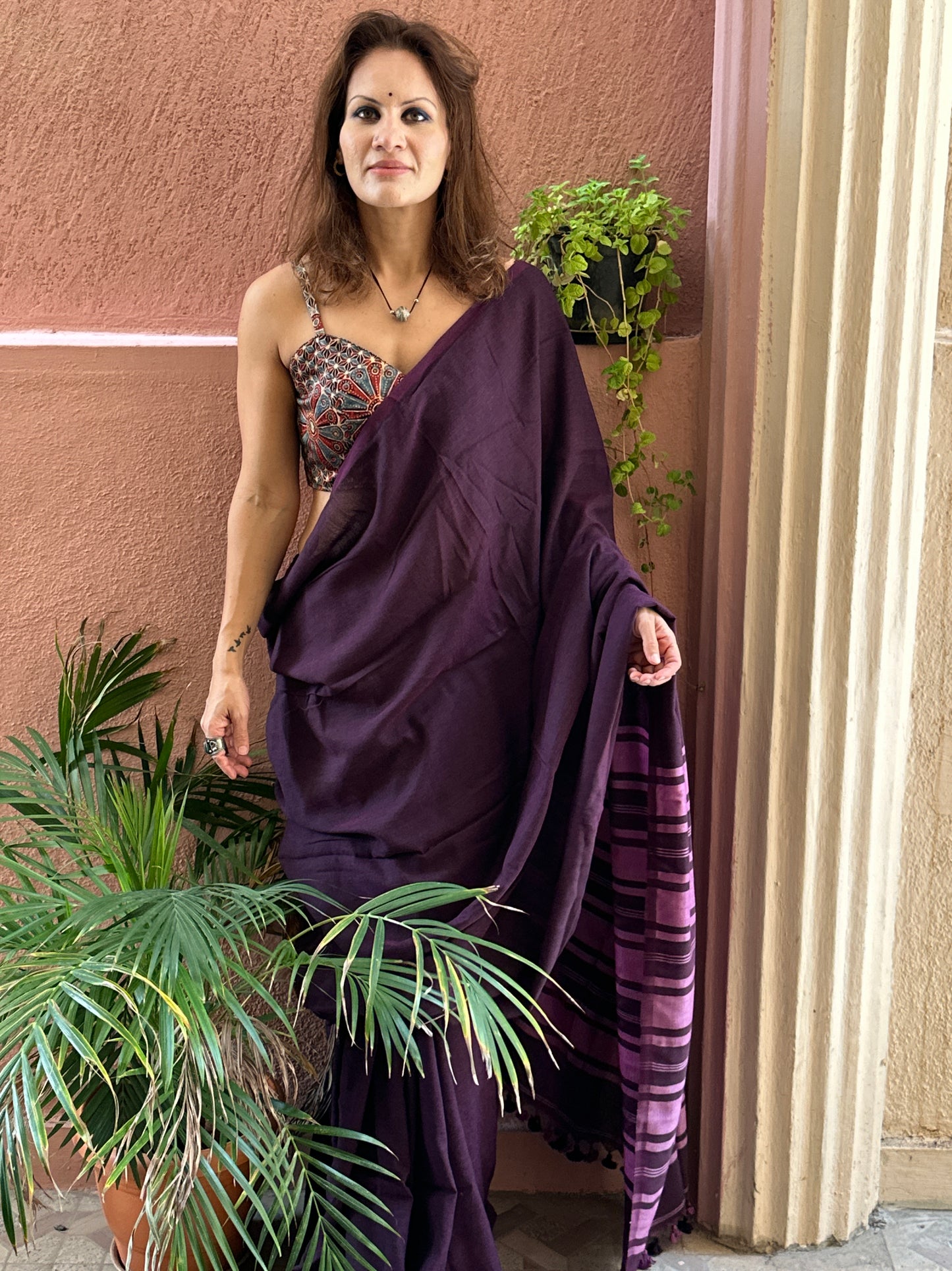 Purple Cotton and Wool Blend Sari