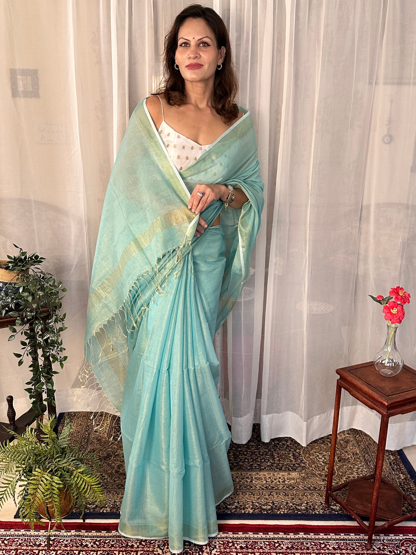 Turquoise Blue Pure Mul Mul Handwoven Tissue Cotton Sari - Raahini