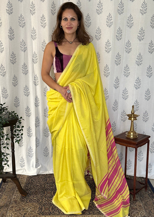 Yellow Cotton and Wool Blend Sari