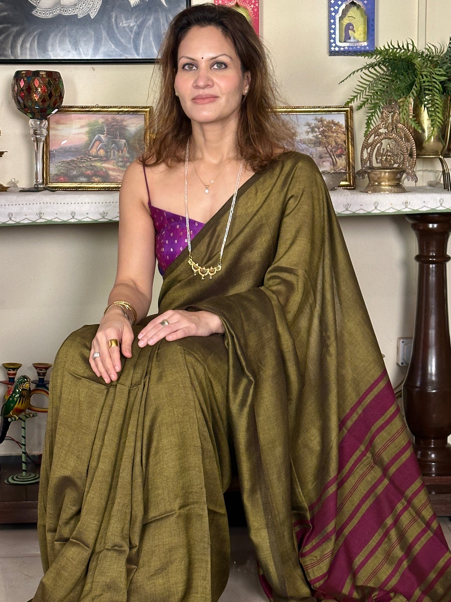 Mehendi Green Cotton and Wool Blend Sari