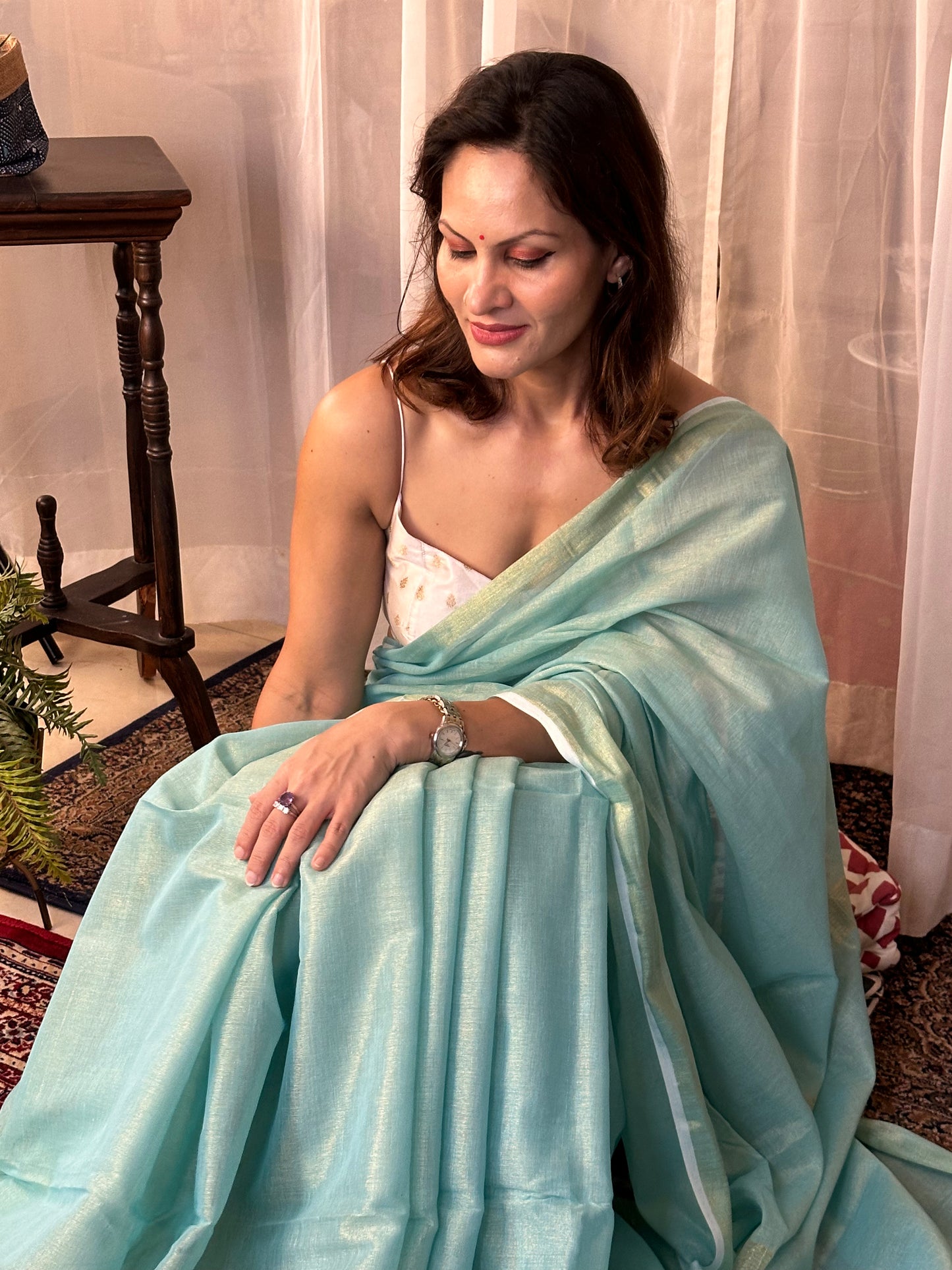 Turquoise Blue Pure Mul Mul Handwoven Tissue Cotton Sari - Raahini