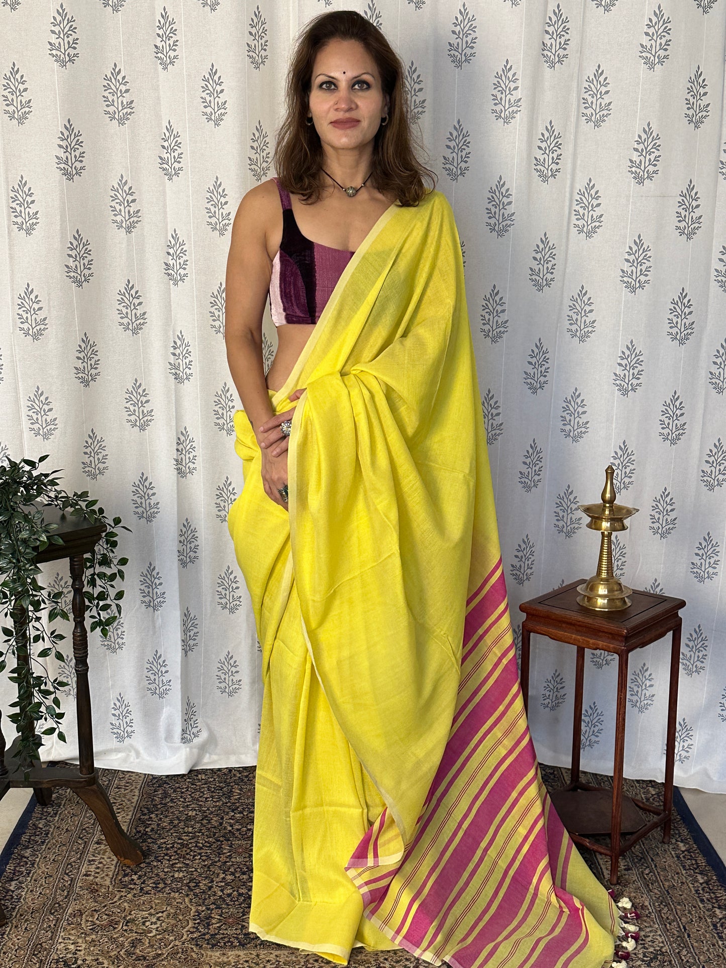 Yellow Cotton and Wool Blend Sari