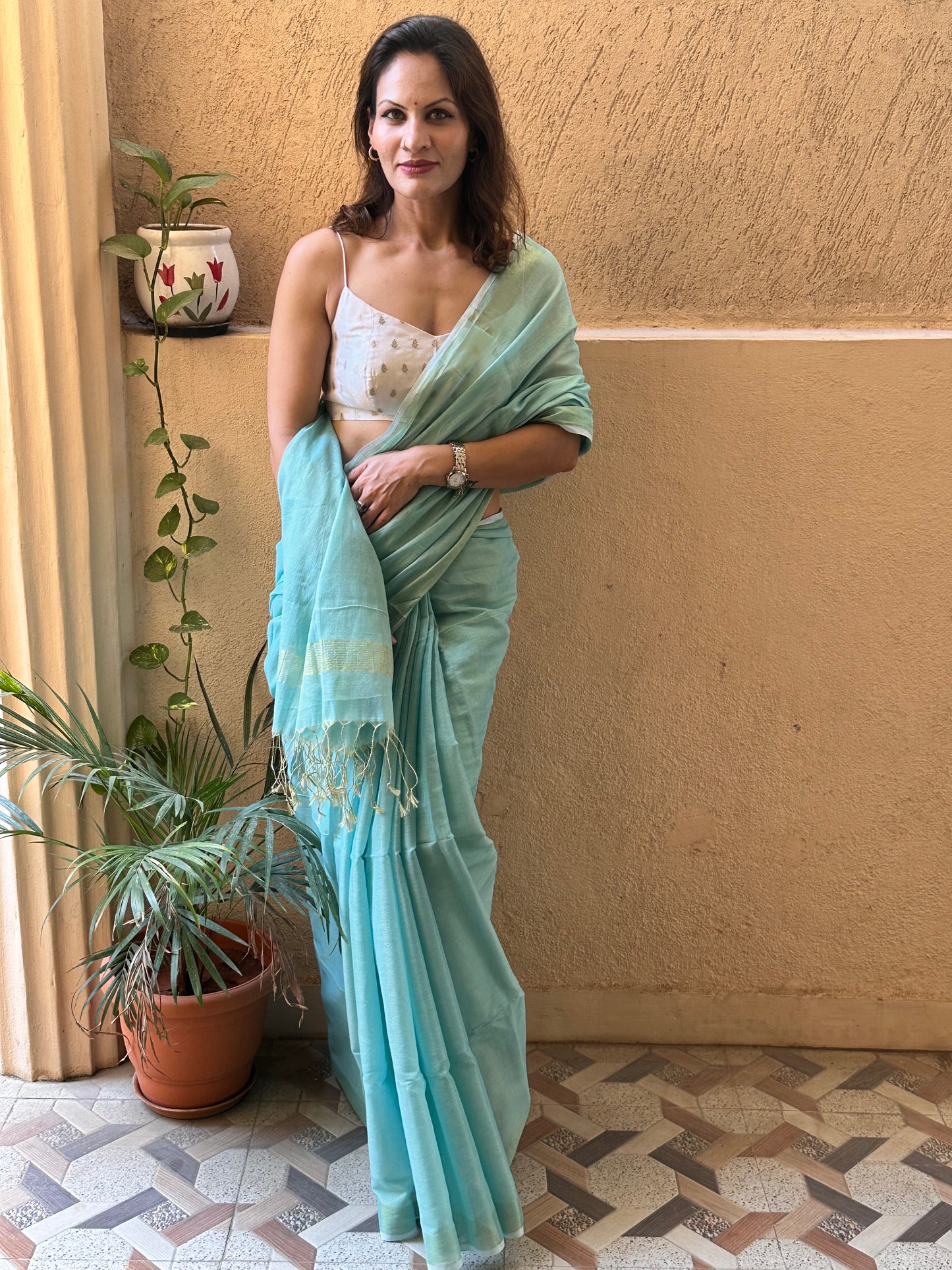 Turquoise Blue Pure Mul Mul Handwoven Tissue Cotton Sari - Raahini