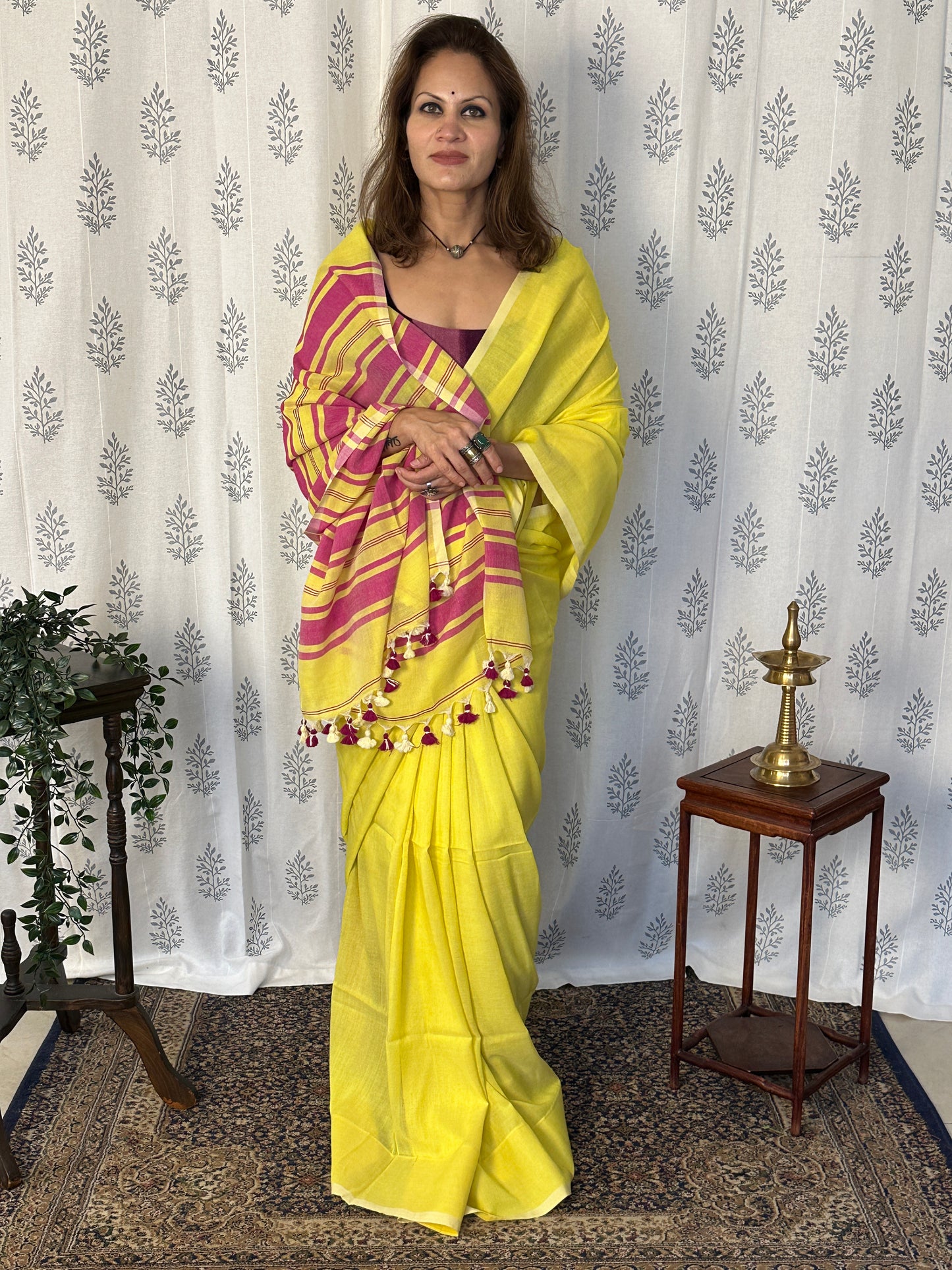 Yellow Cotton and Wool Blend Sari