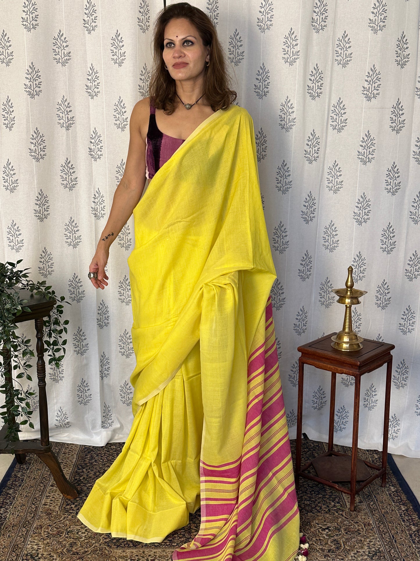 Yellow Cotton and Wool Blend Sari