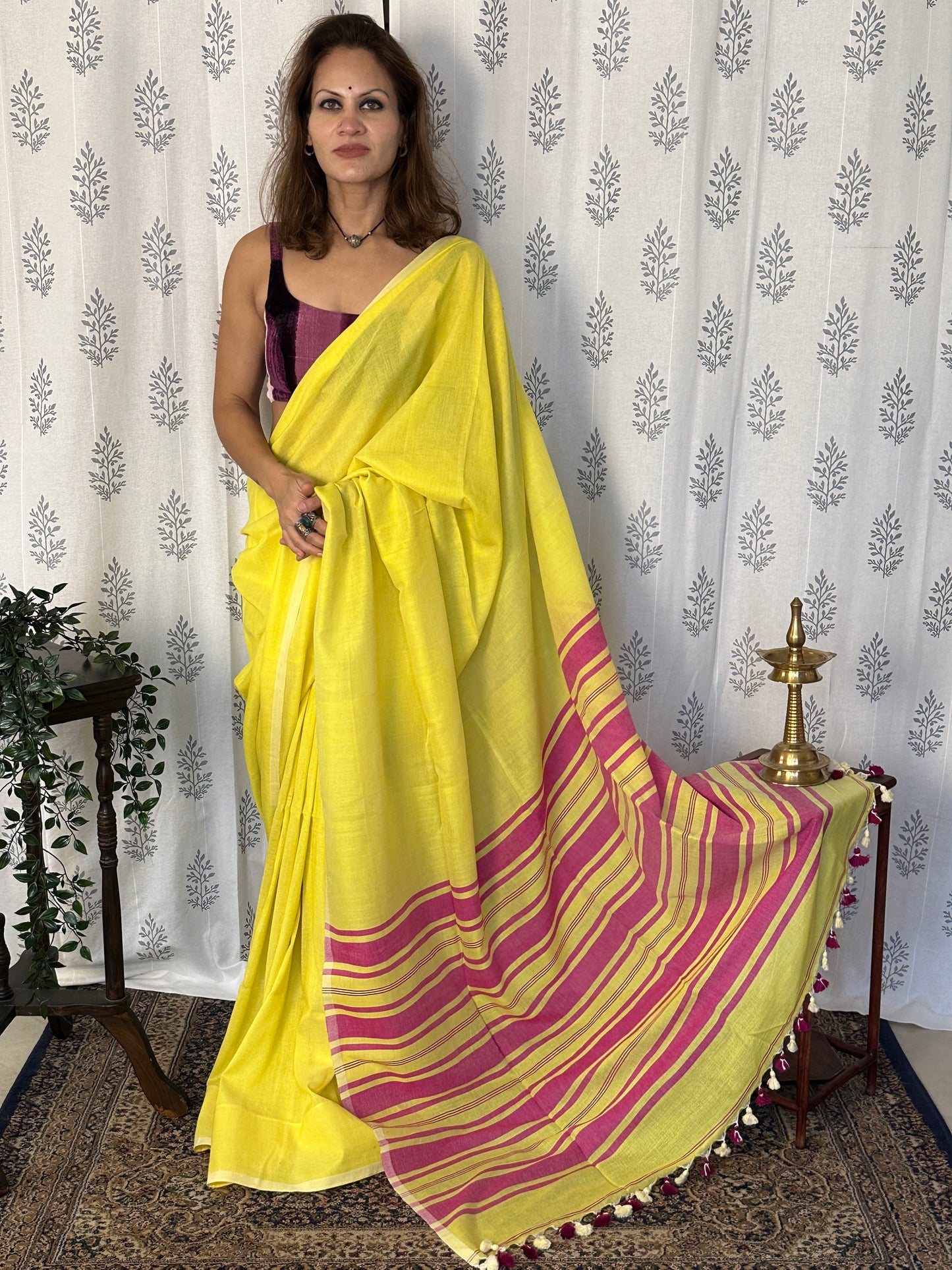 Yellow Cotton and Wool Blend Sari