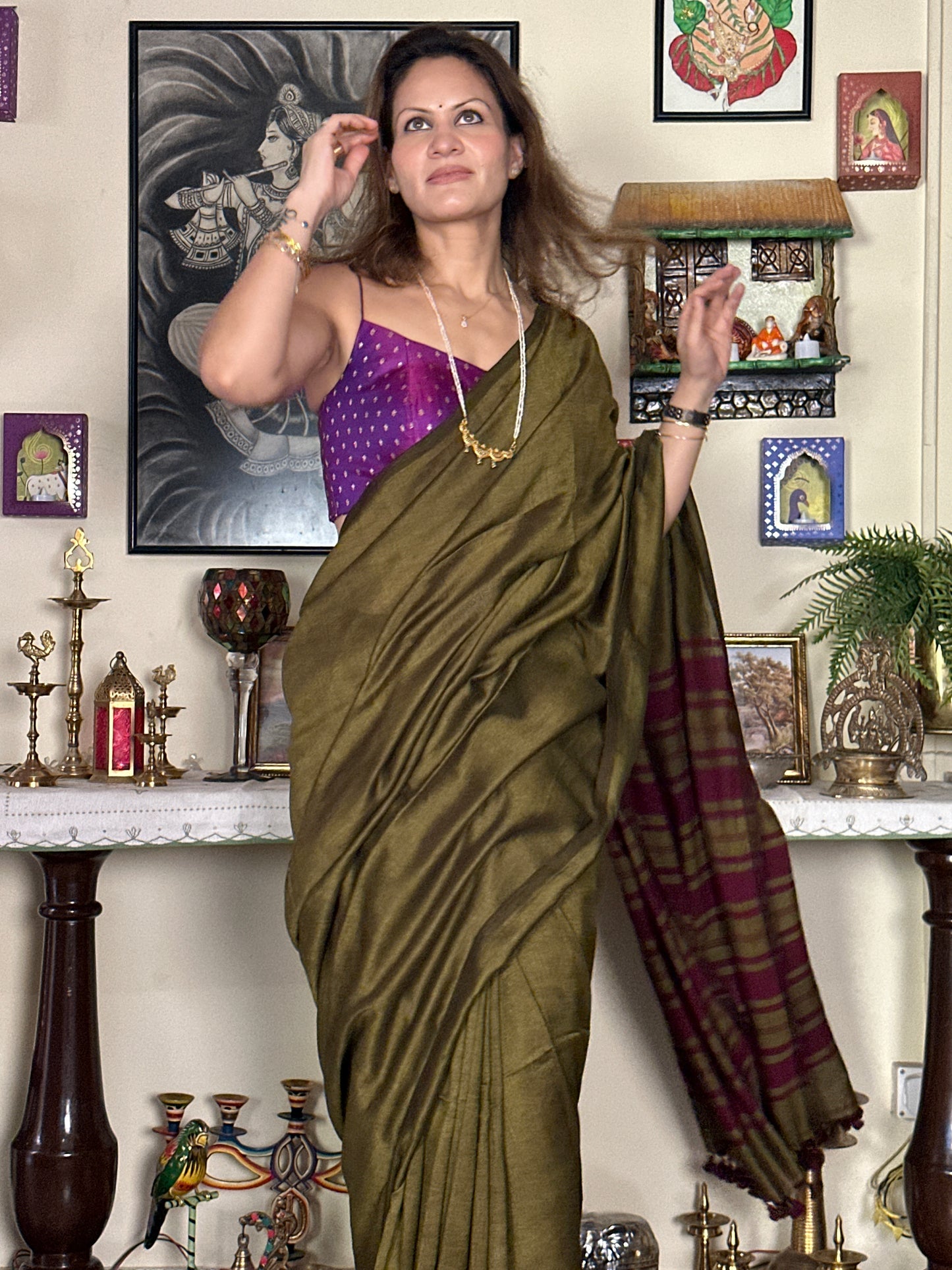 Mehendi Green Cotton and Wool Blend Sari