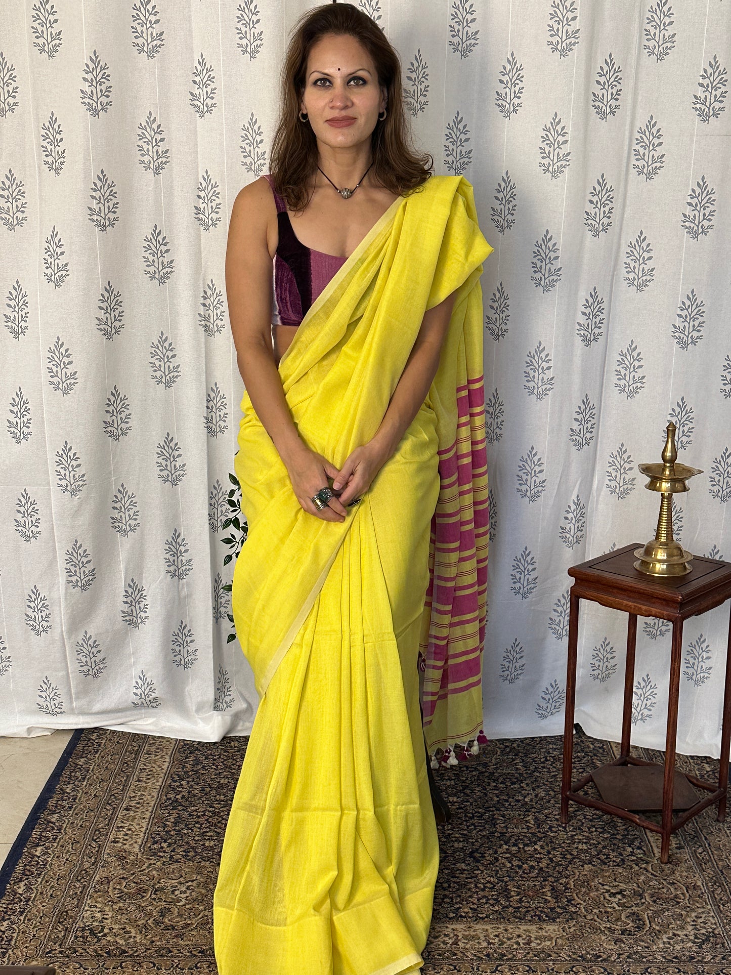 Yellow Cotton and Wool Blend Sari