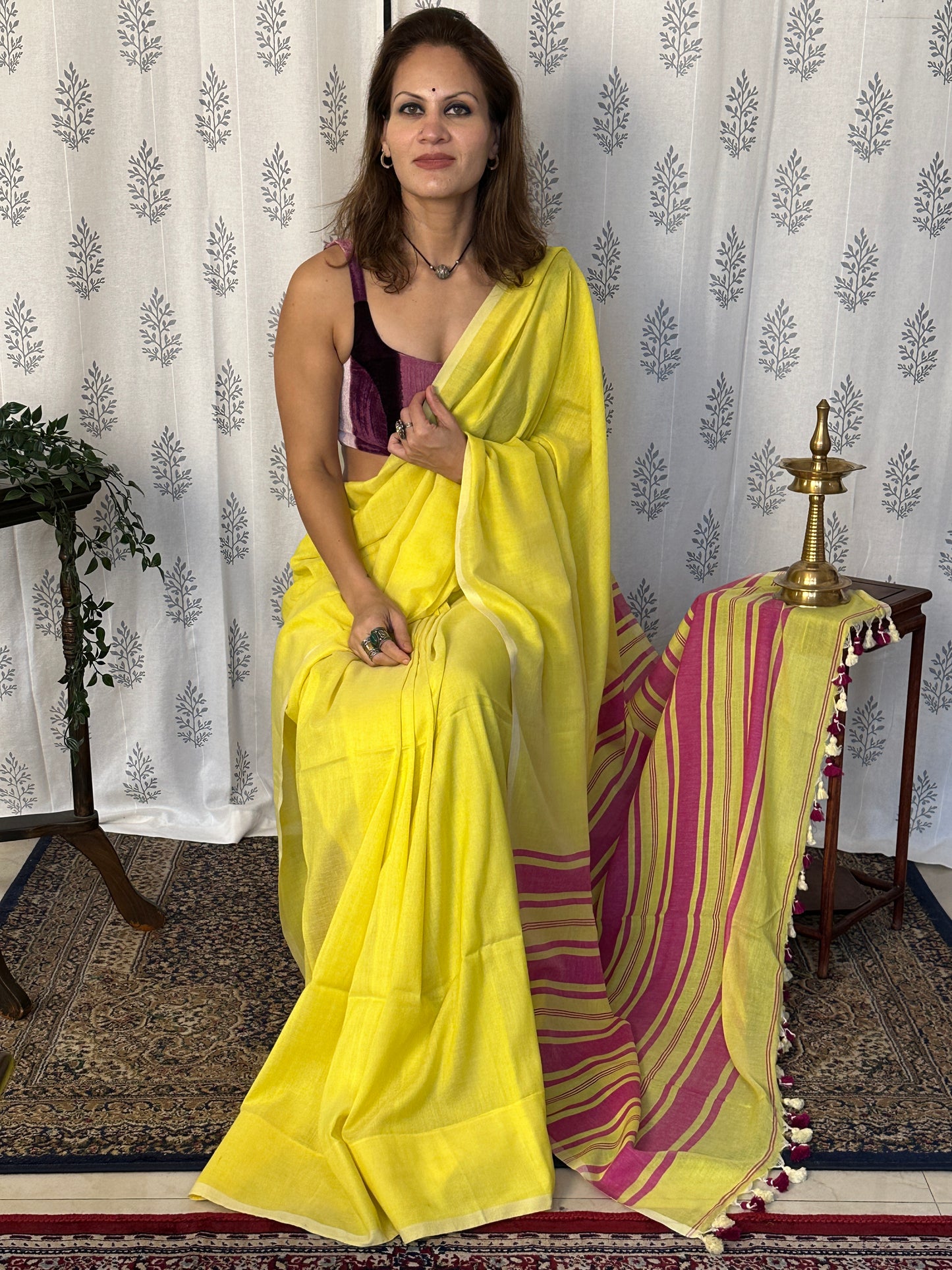 Yellow Cotton and Wool Blend Sari