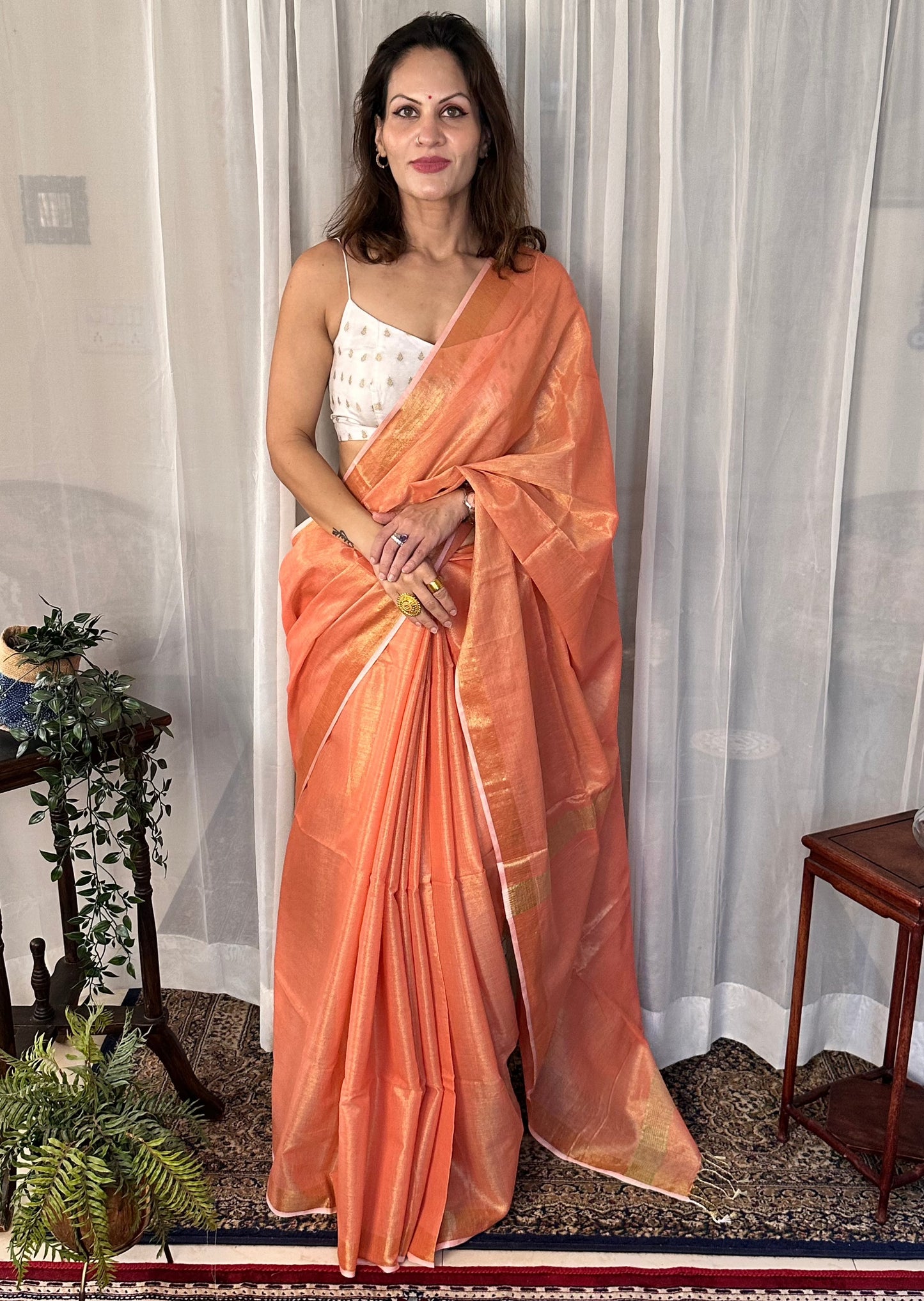 Peach Pure Mul Mul Handwoven Tissue Cotton Sari - Raahini