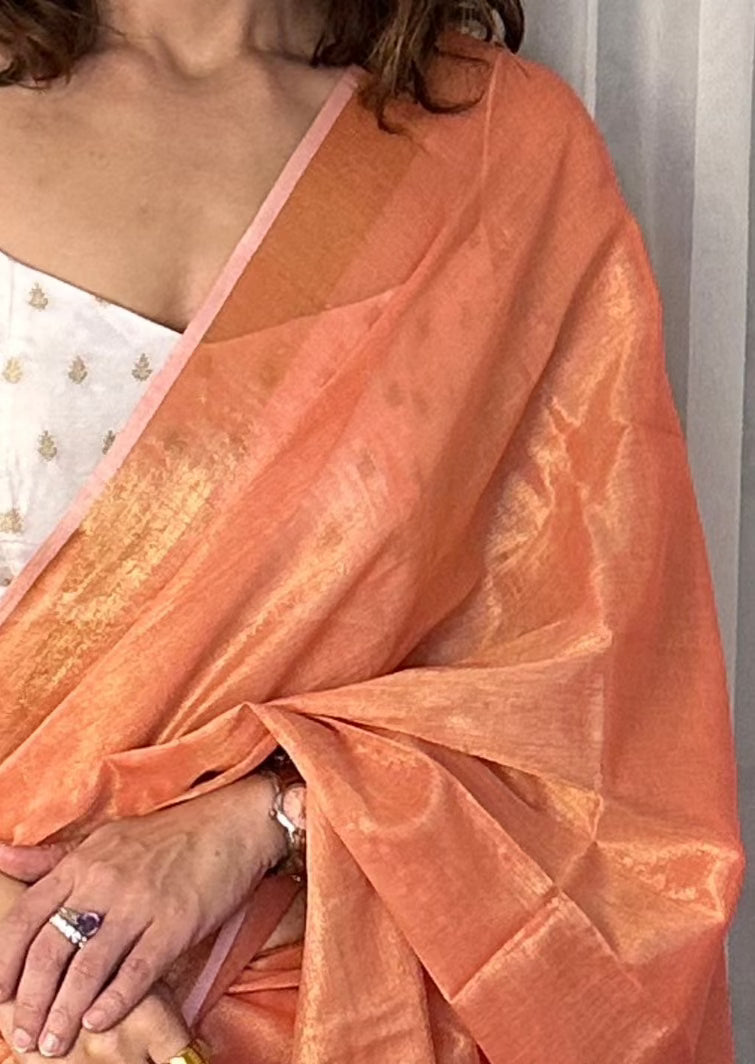 Peach Pure Mul Mul Handwoven Tissue Cotton Sari - Raahini