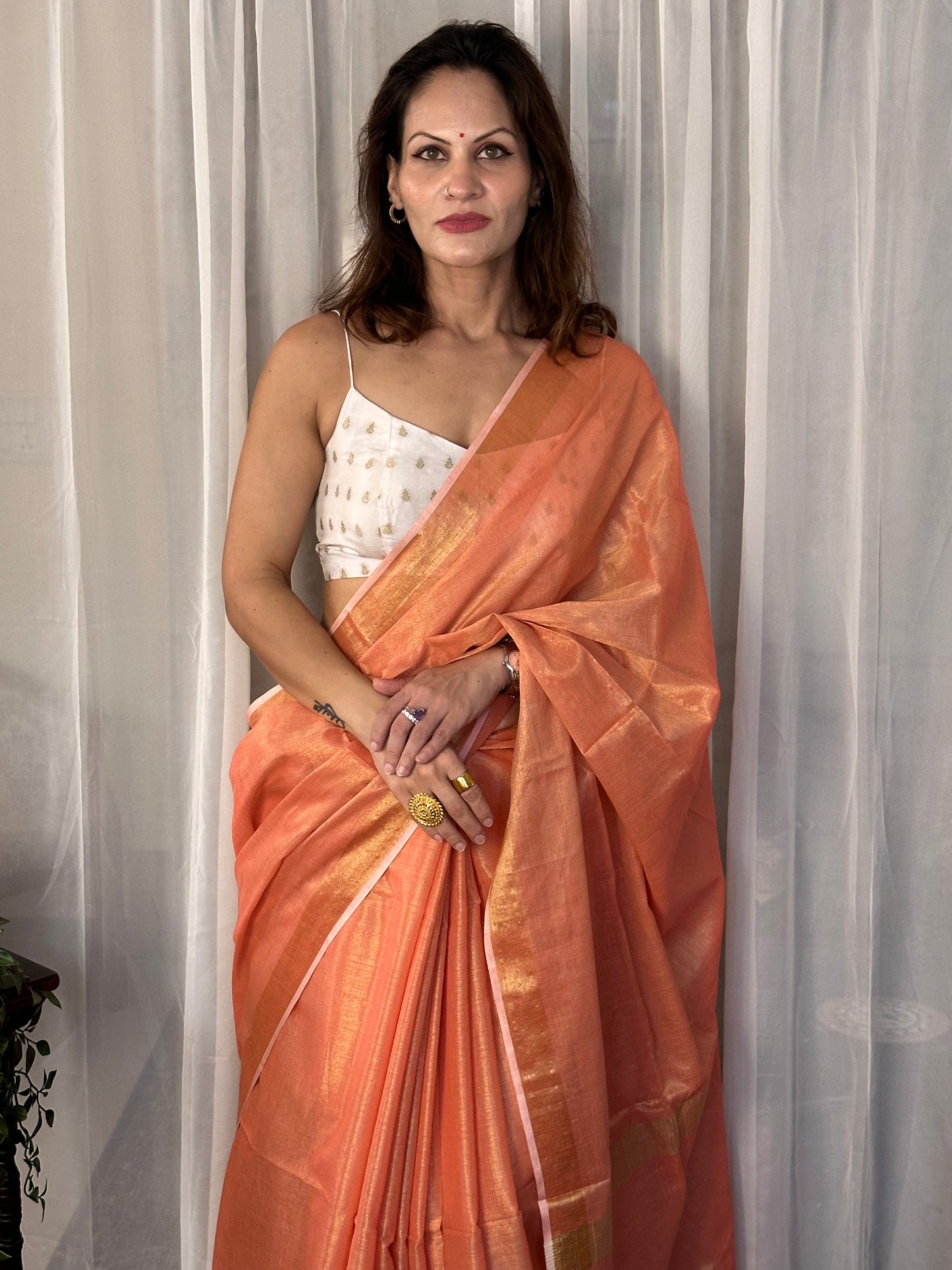 Peach Pure Mul Mul Handwoven Tissue Cotton Sari - Raahini