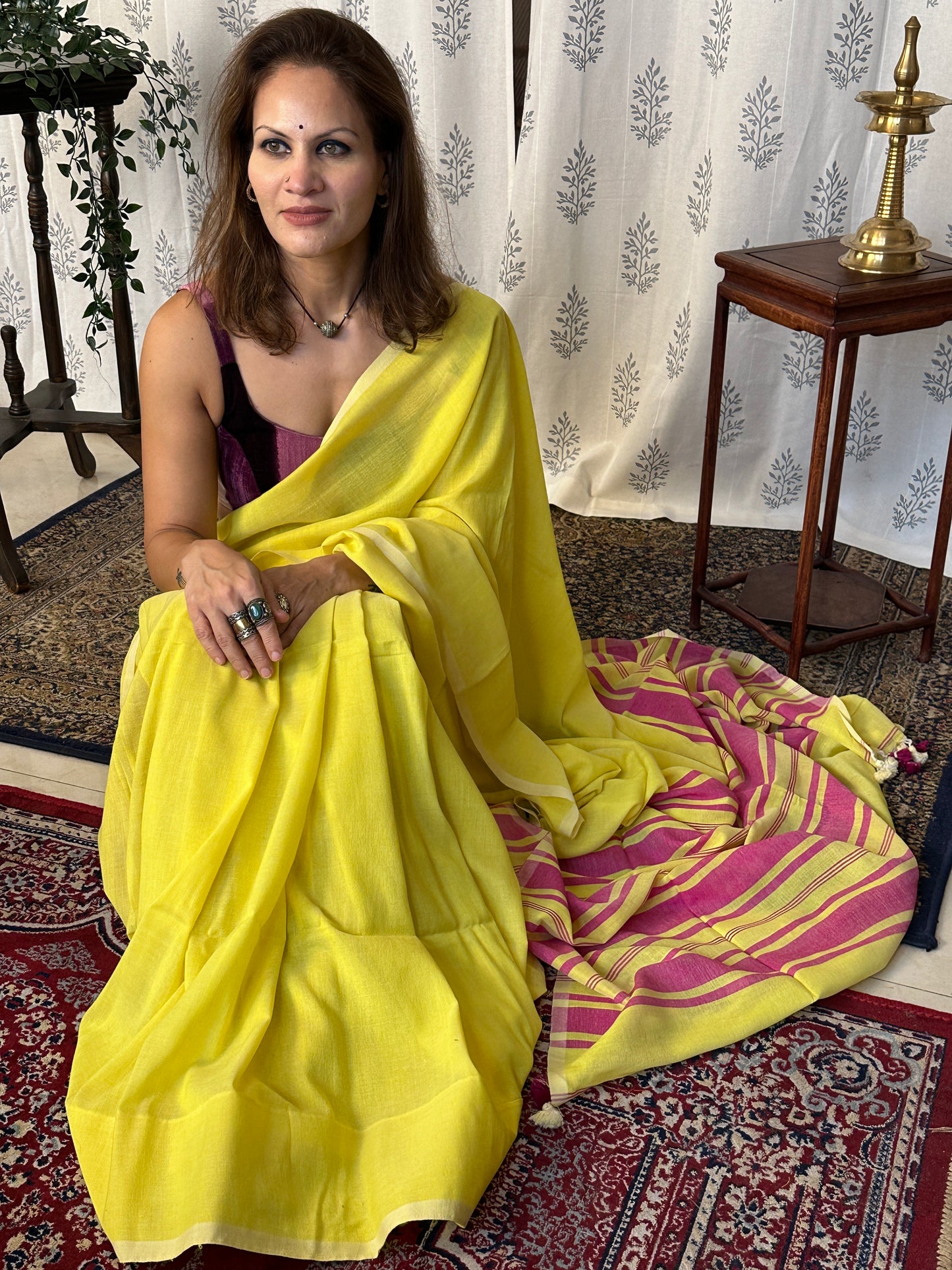 Yellow Cotton and Wool Blend Sari