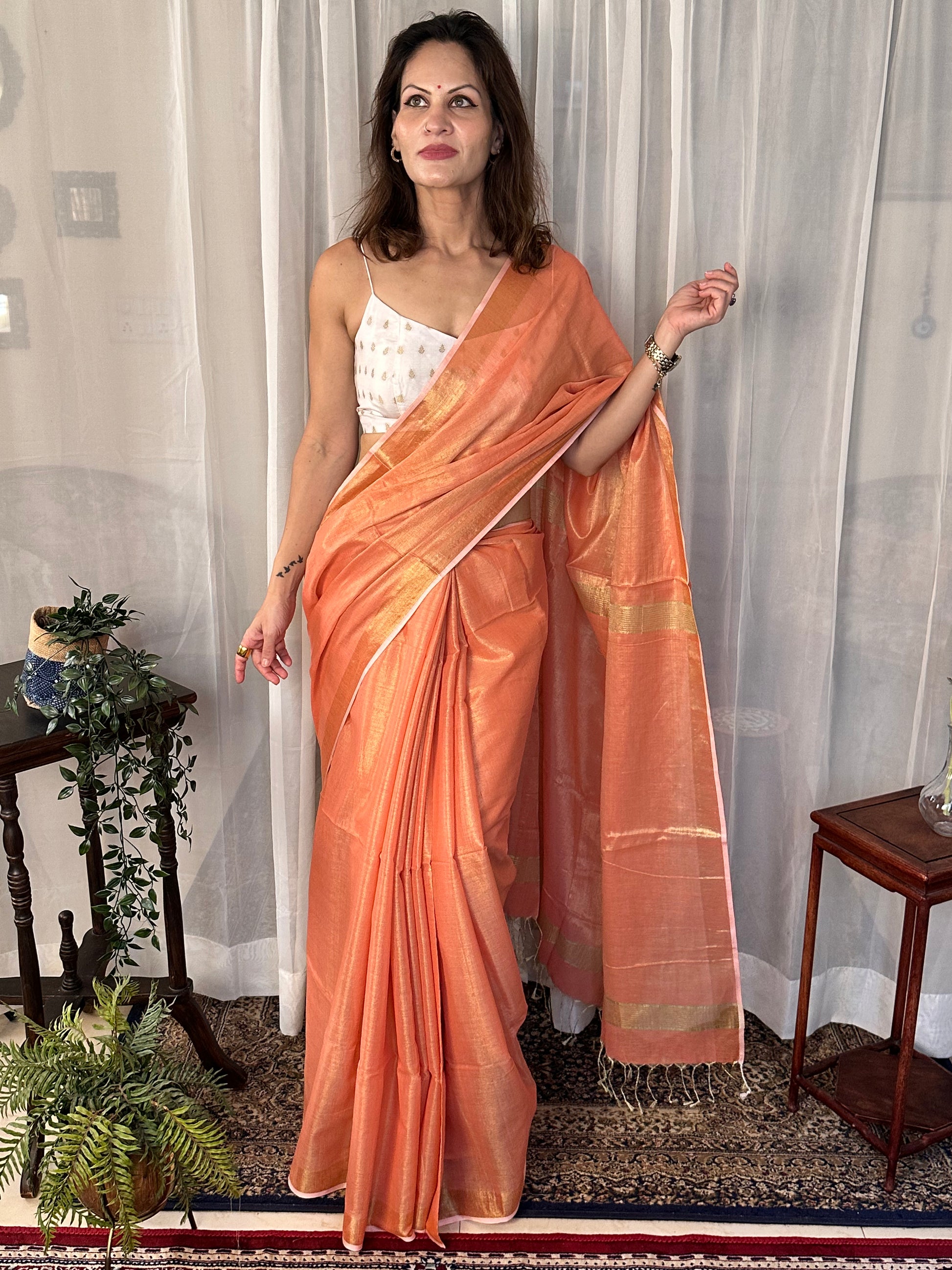 Peach Pure Mul Mul Handwoven Tissue Cotton Sari - Raahini