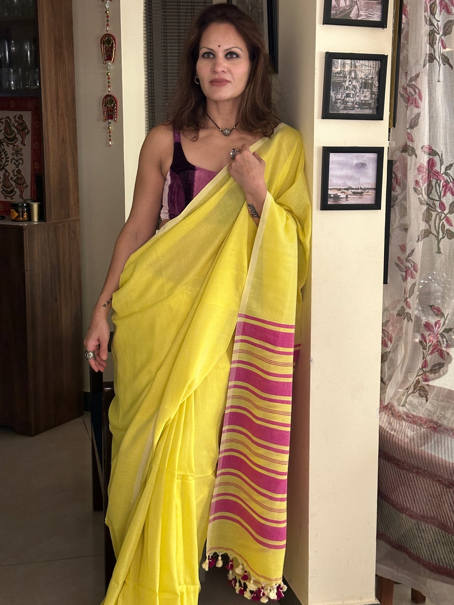 Yellow Cotton and Wool Blend Sari