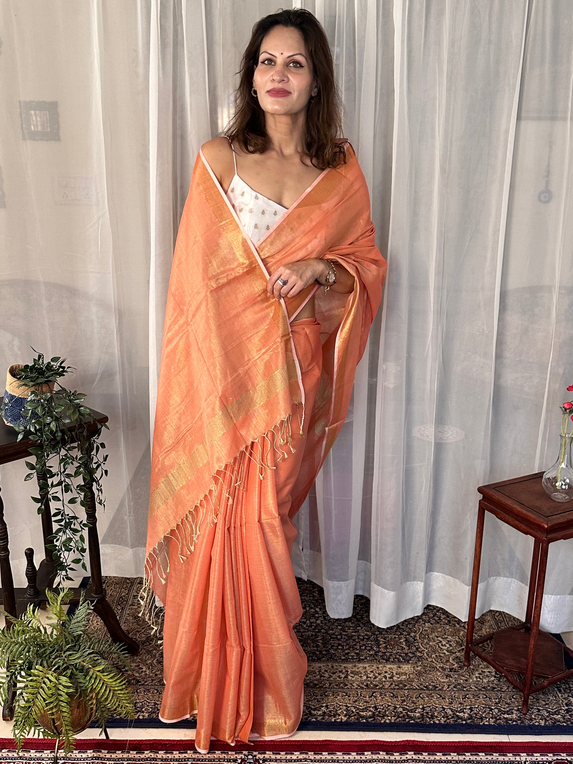 Peach Pure Mul Mul Handwoven Tissue Cotton Sari - Raahini