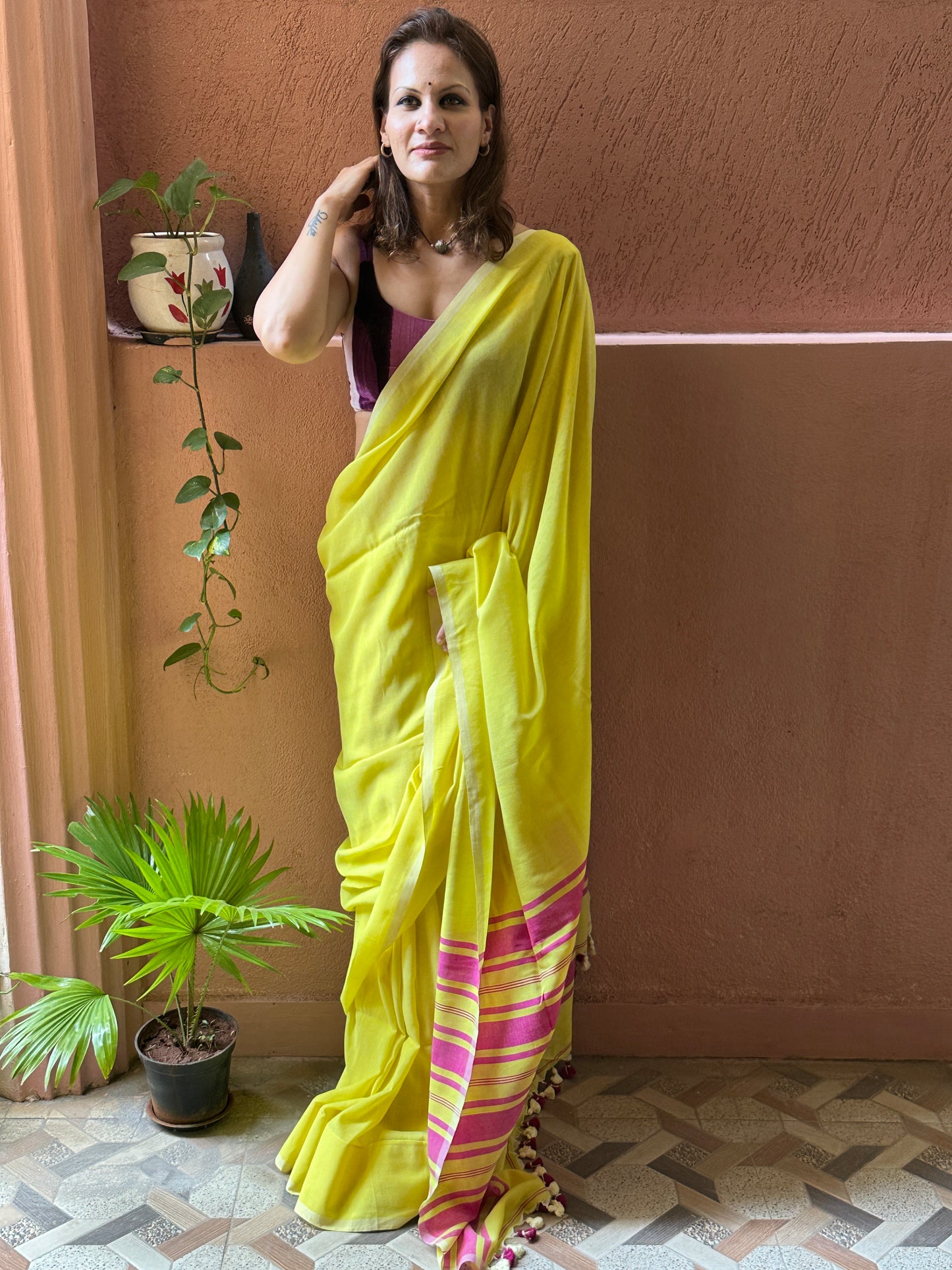 Yellow Cotton and Wool Blend Sari