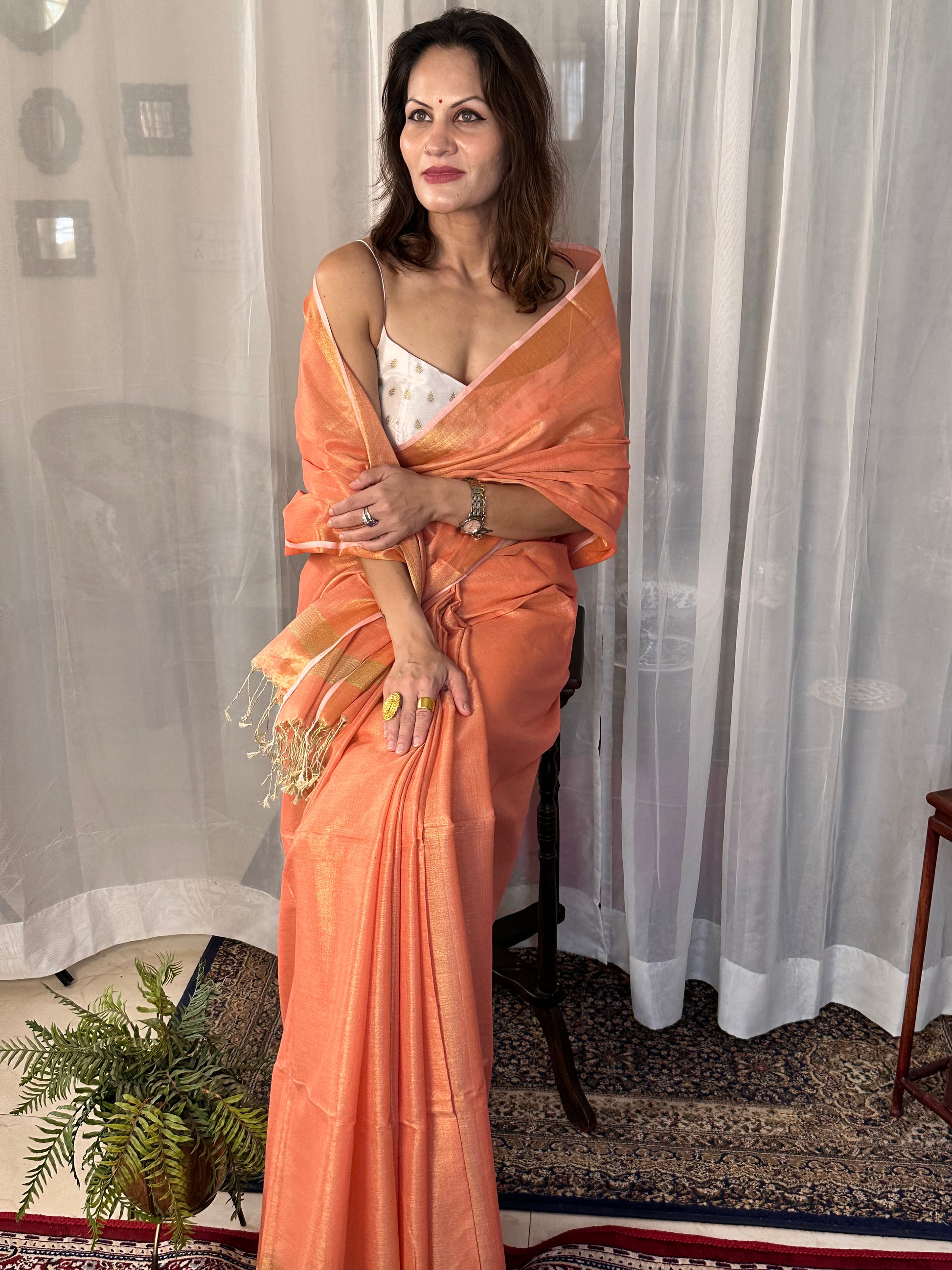 Peach Pure Mul Mul Handwoven Tissue Cotton Sari - Raahini