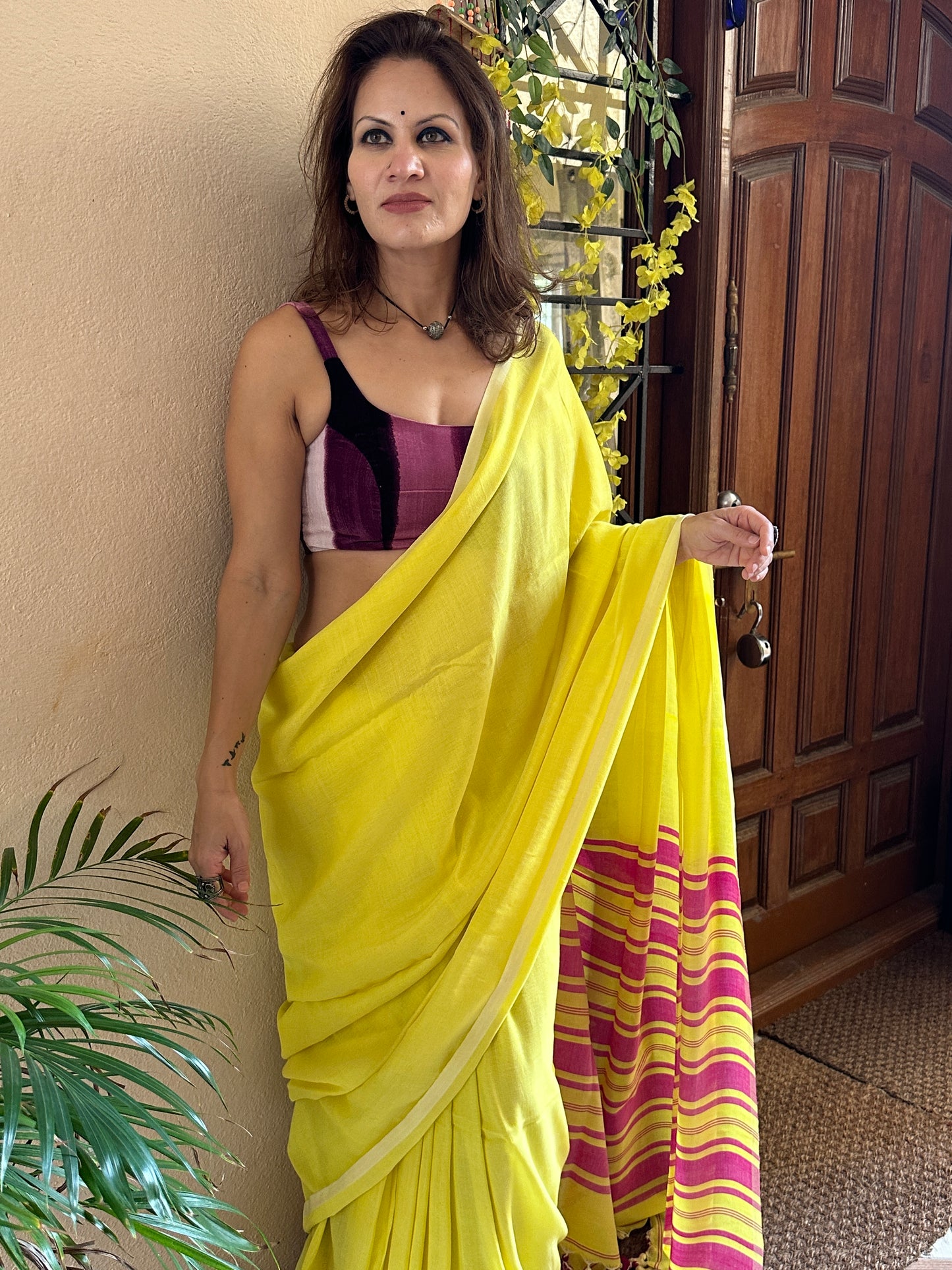 Yellow Cotton and Wool Blend Sari