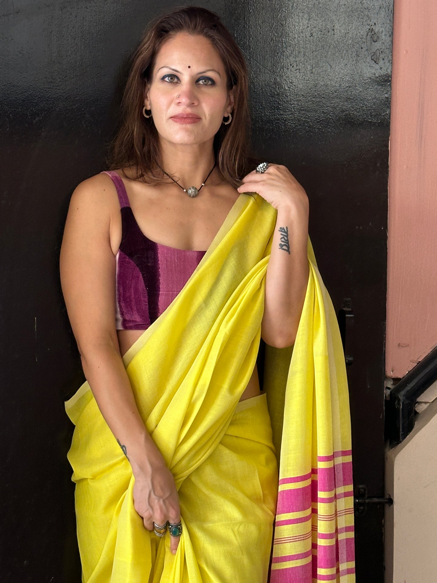 Yellow Cotton and Wool Blend Sari