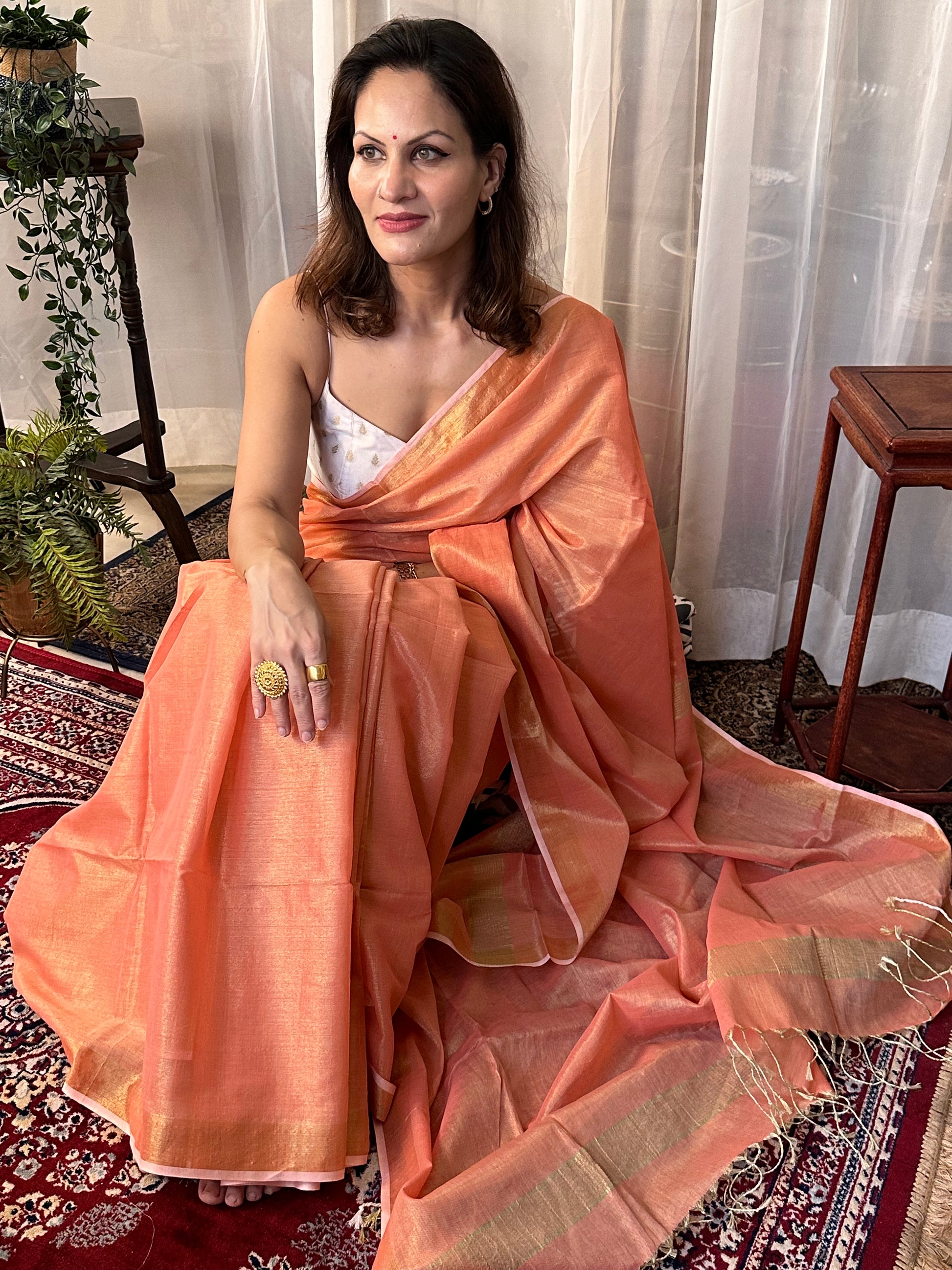 Peach Pure Mul Mul Handwoven Tissue Cotton Sari - Raahini