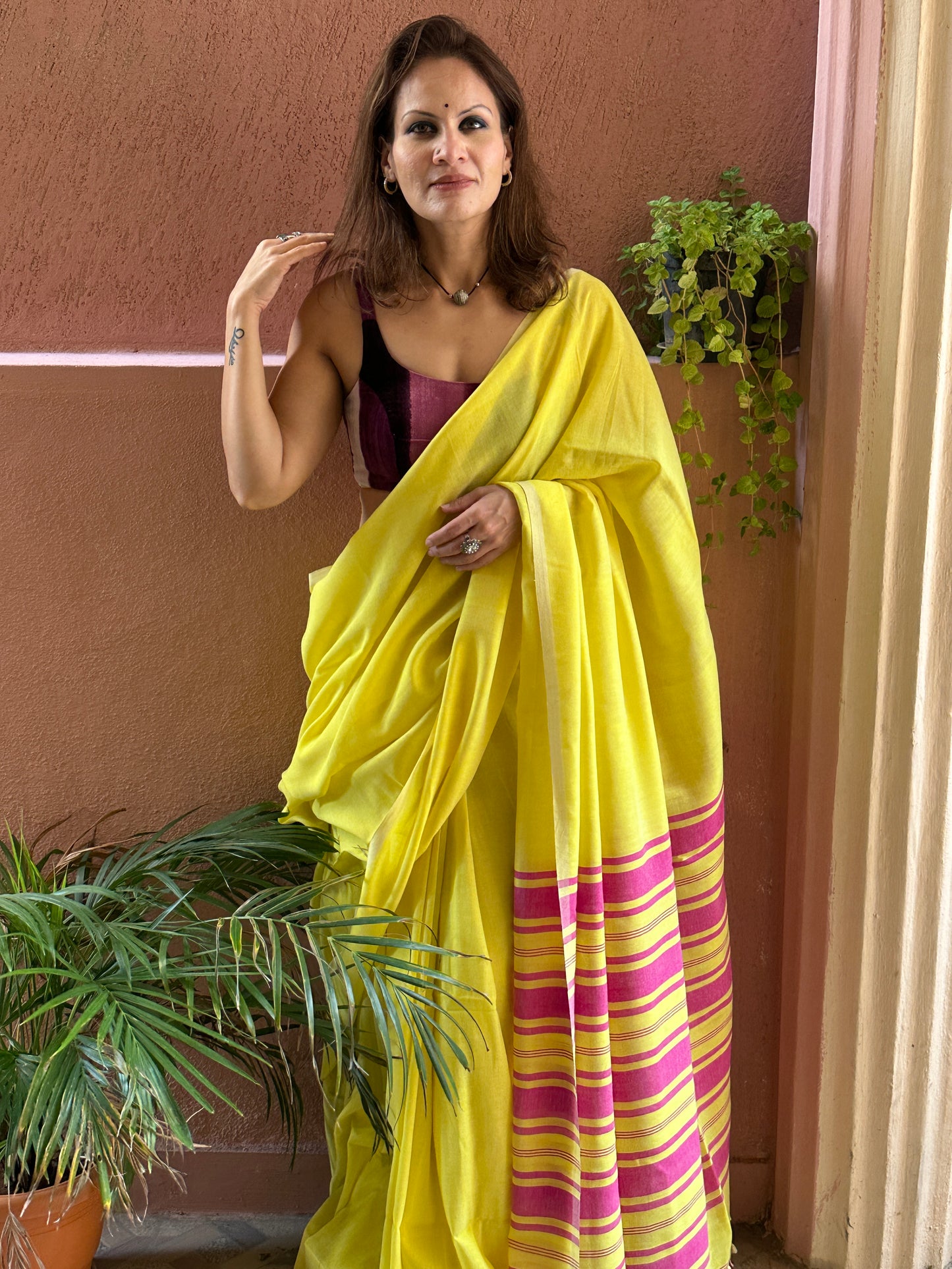 Yellow Cotton and Wool Blend Sari