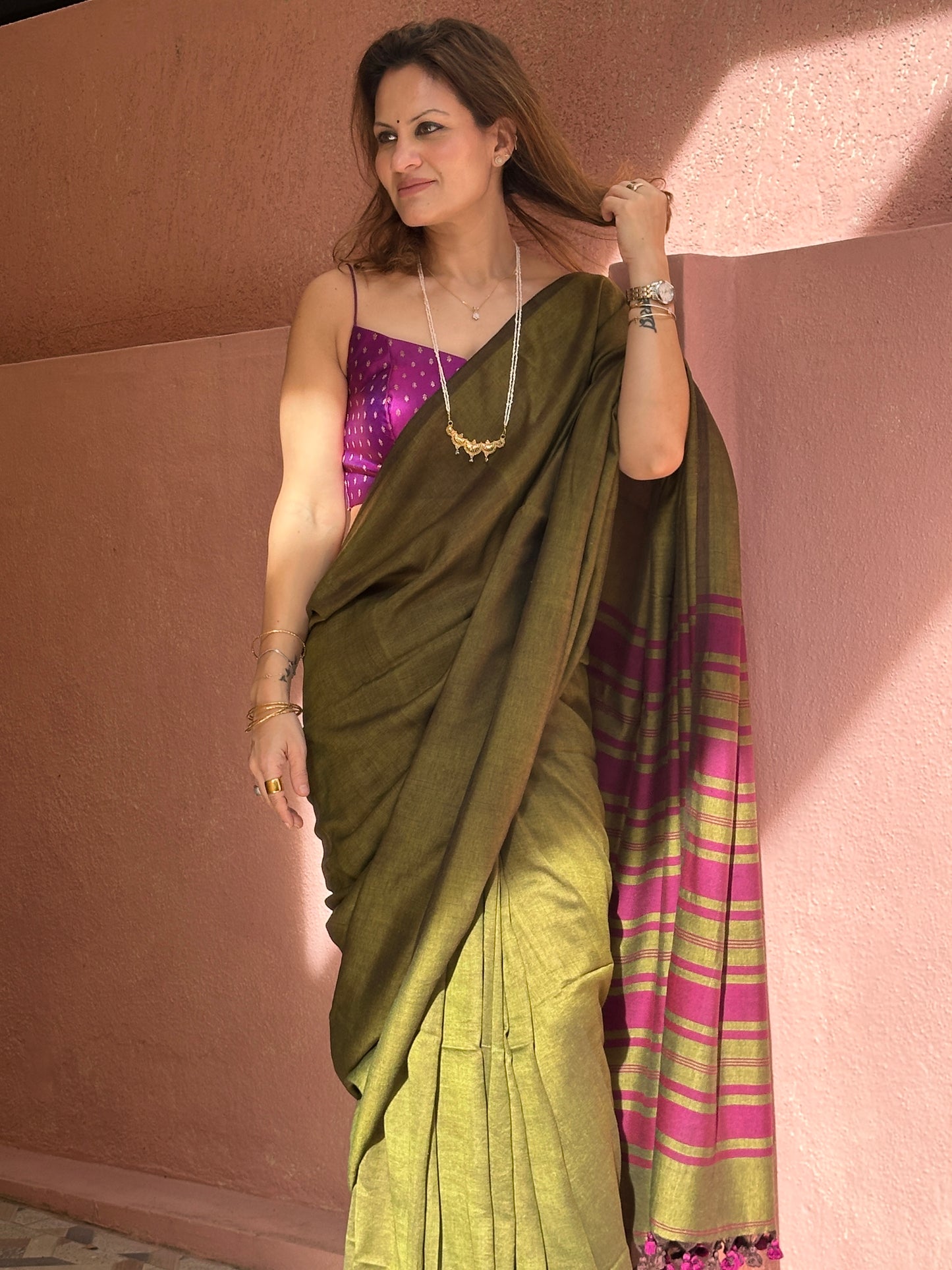 Mehendi Green Cotton and Wool Blend Sari