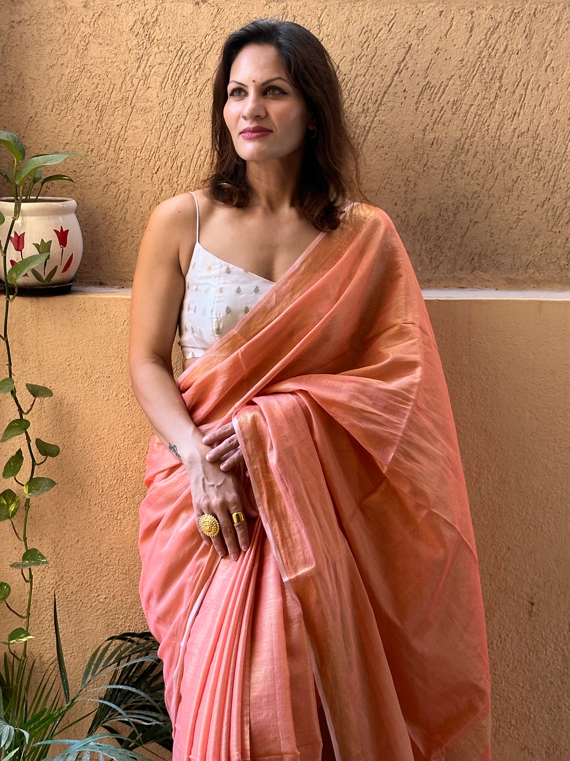 Peach Pure Mul Mul Handwoven Tissue Cotton Sari - Raahini