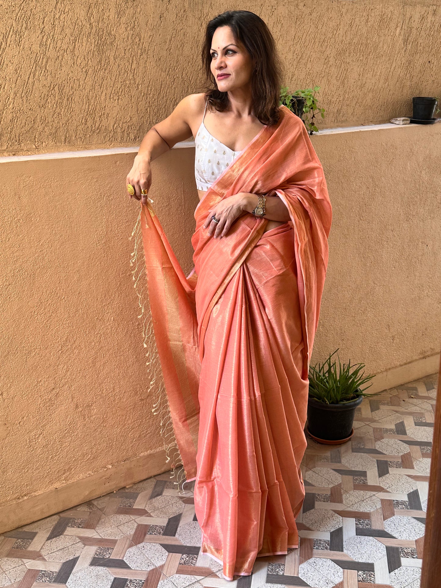 Peach Pure Mul Mul Handwoven Tissue Cotton Sari - Raahini